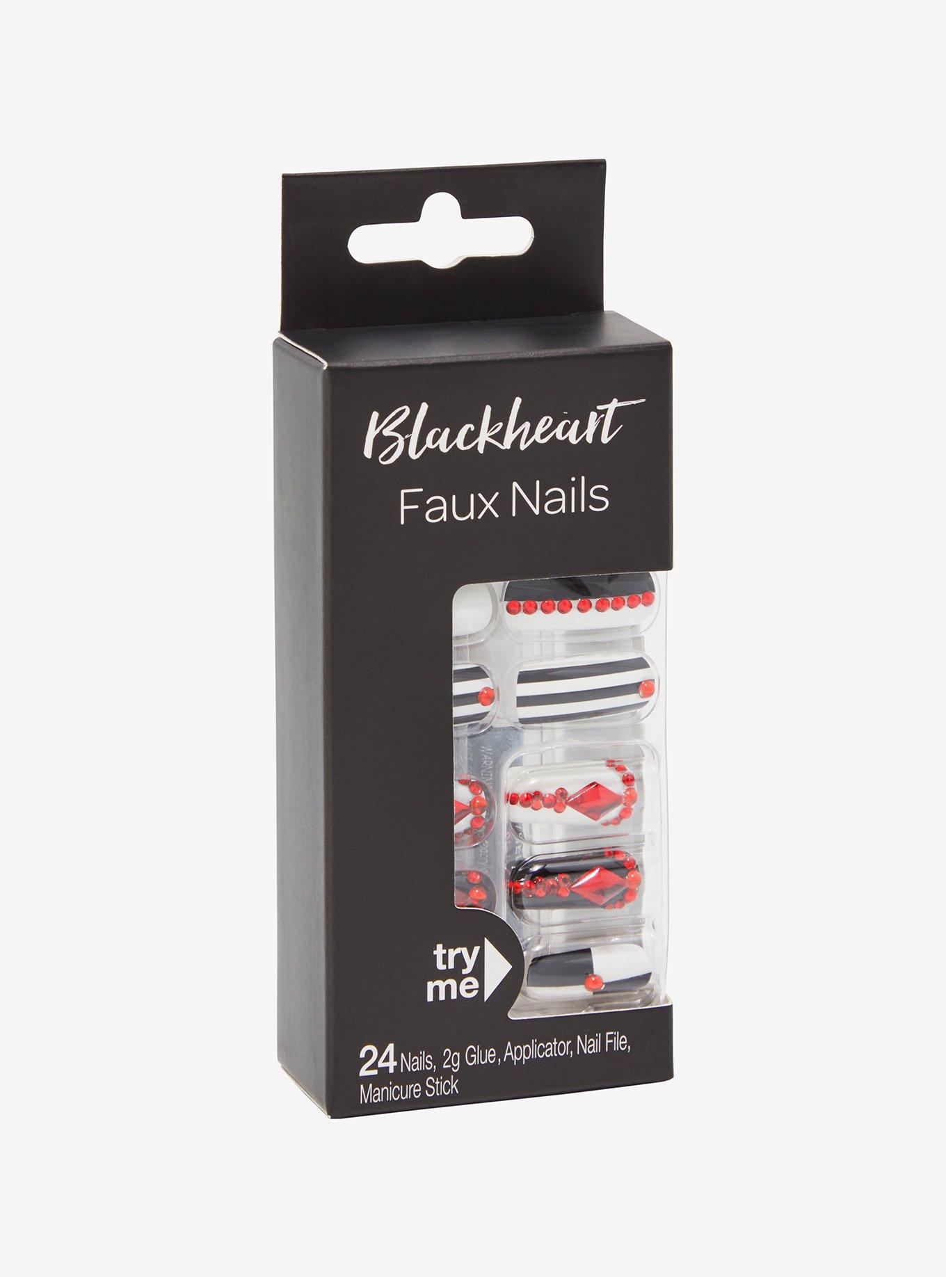 Blackheart Stripe Red Gem Faux Nail Set, , hi-res