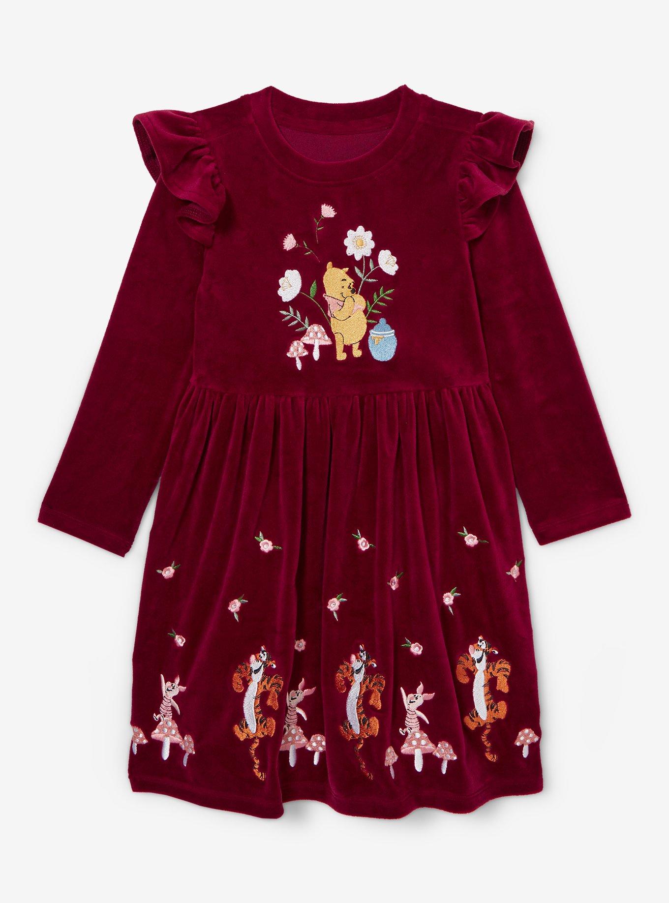 Disney Winnie the Pooh Floral Pooh Bear & Friends Toddler Long Sleeve Dress - BoxLunch Exclusive, MAROON, hi-res