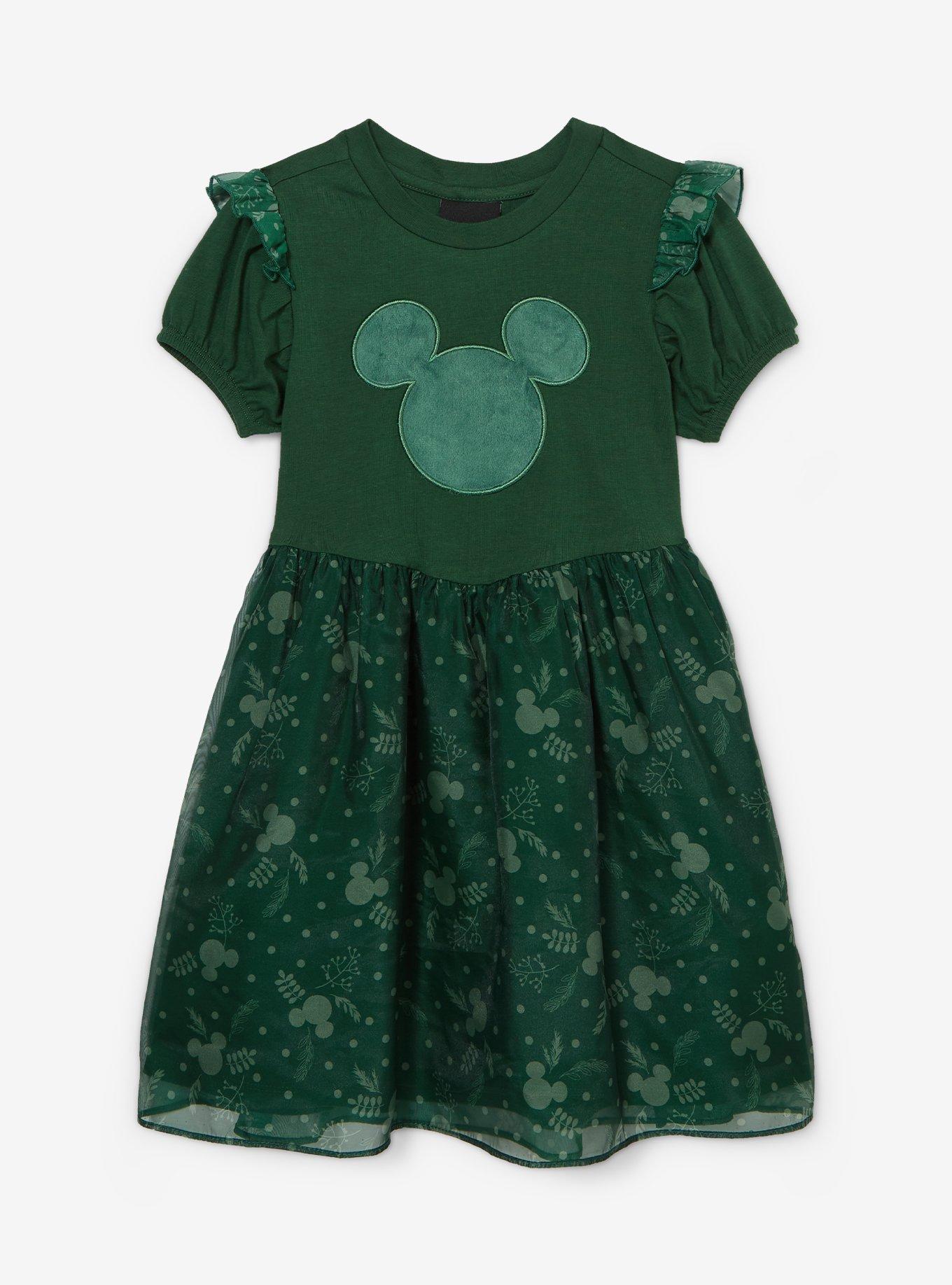 Disney Mickey Mouse Holiday Green Tulle Puff Sleeve Toddler Dress &mdash; BoxLunch Exclusive, DARK GREEN, hi-res