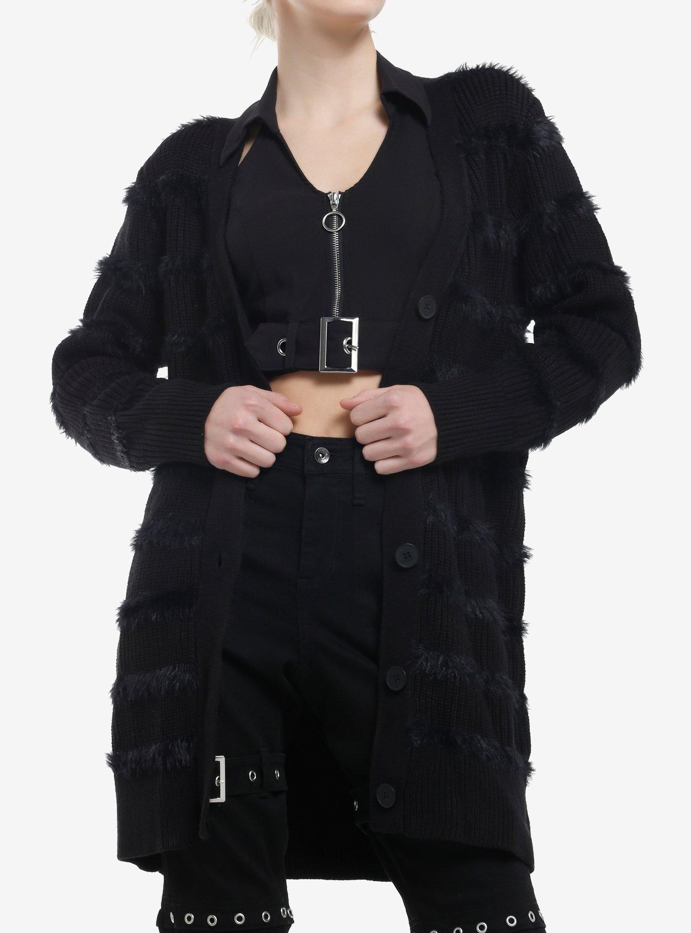 KIHILIST Black Fuzzy Stripe Girls Long Cardigan, , hi-res