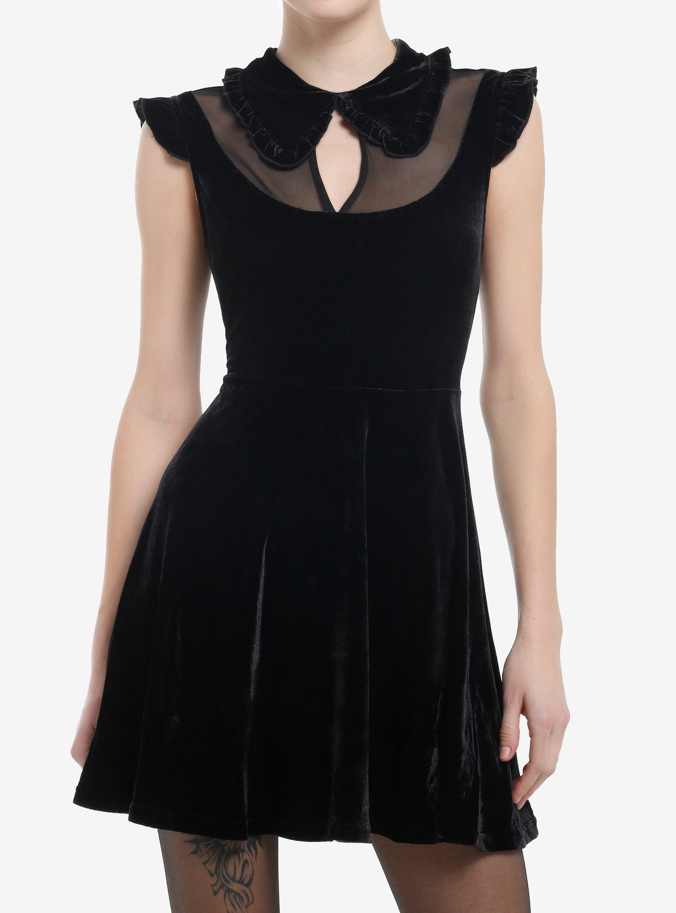 KIHILIST Black Velvet Mesh Neckline Collar Dress, BLACK, hi-res