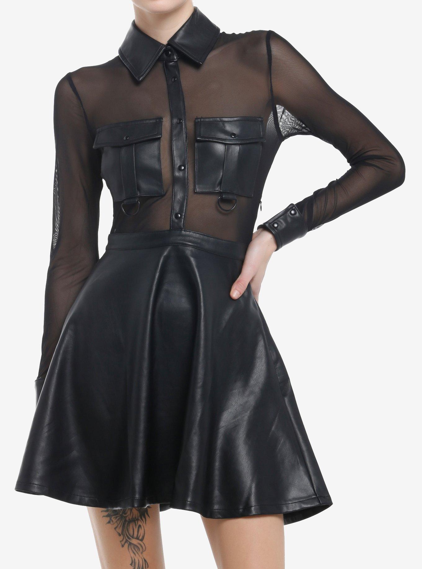 KIHILIST Black Faux Leather Mesh Long-Sleeve Dress, , hi-res