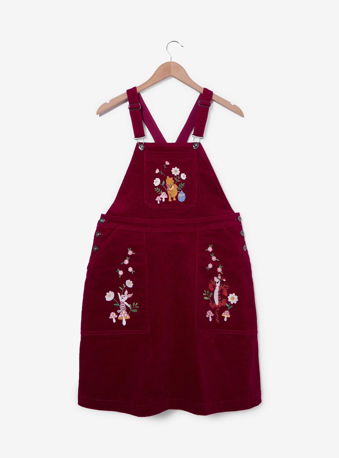 Disney Winnie the Pooh Floral Embroidered Overall Dress &mdash; BoxLunch Exclusive, MAROON, hi-res