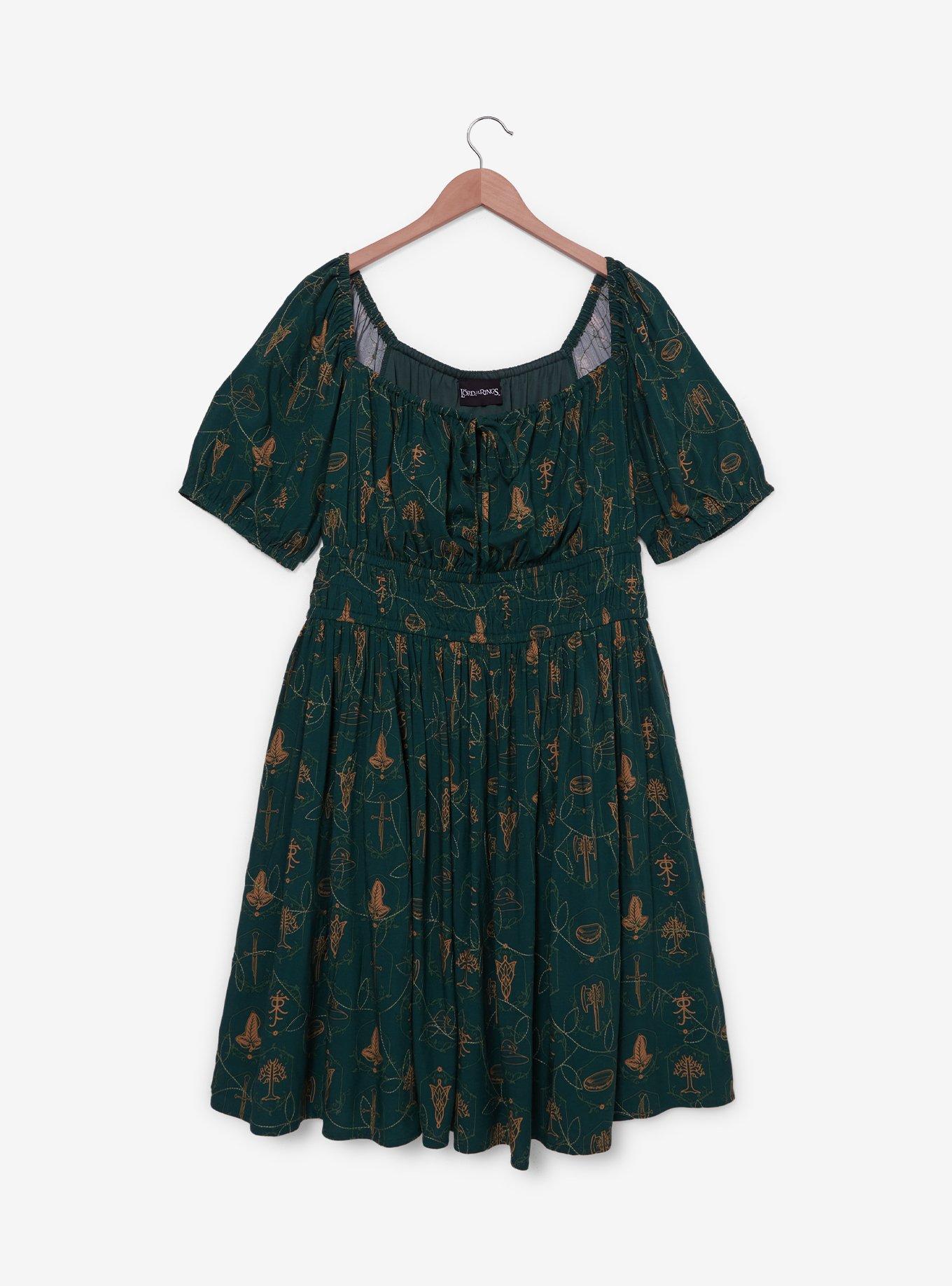 The Lord of the Rings Icons Allover Print Plus Size Smock Dress - BoxLunch Exclusive, FOREST, hi-res