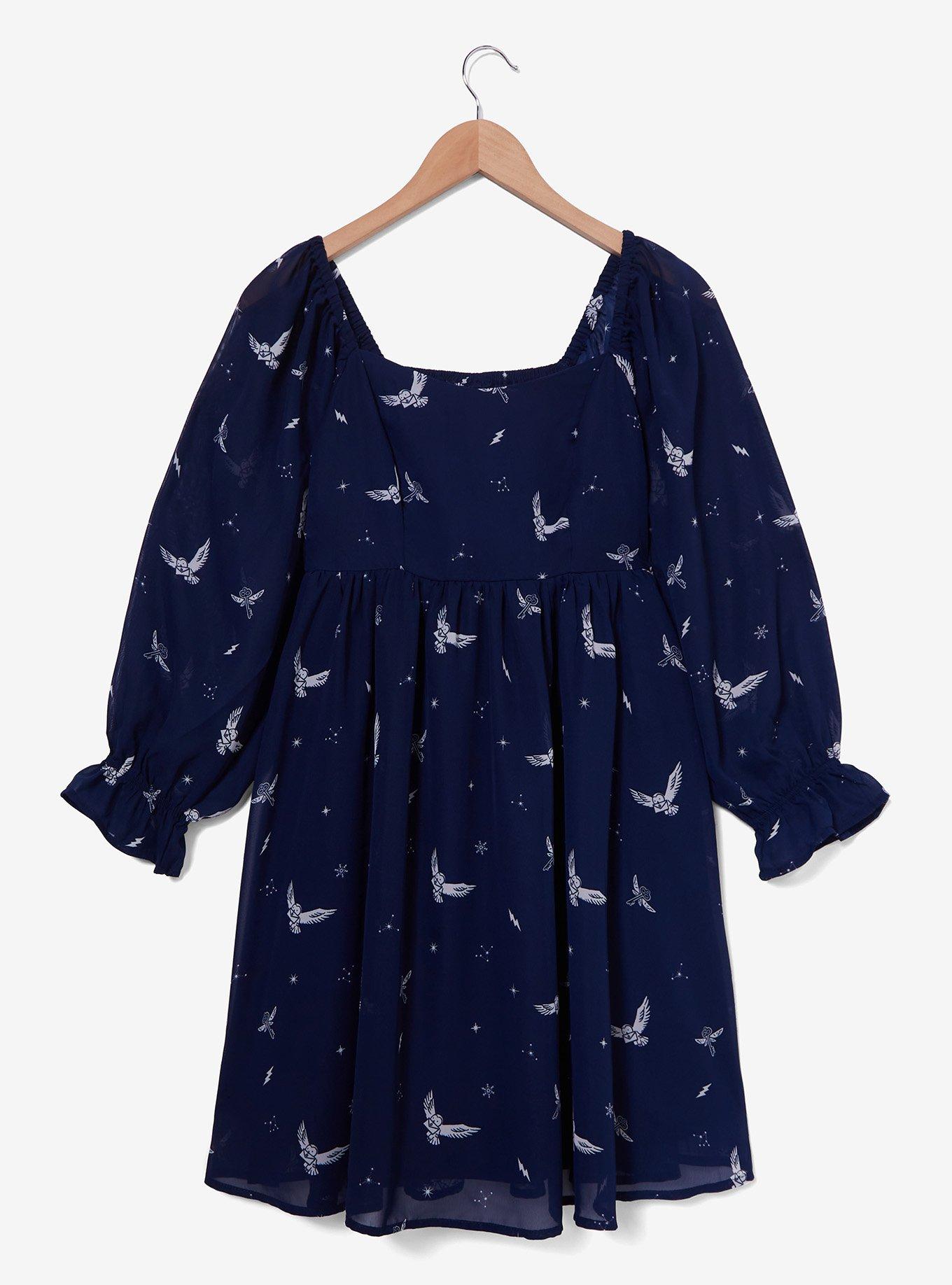 Harry Potter Hedwig Allover Print Smock Dress - BoxLunch Exclusive, NAVY, hi-res