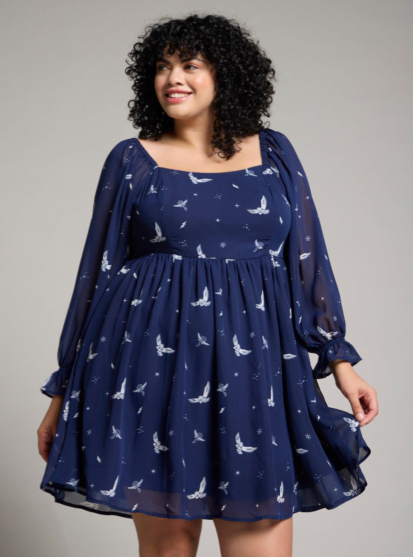 Harry Potter Hedwig Allover Print 3/4 Sleeve Plus Size Dress — BoxLunch Exclusive, , hi-res