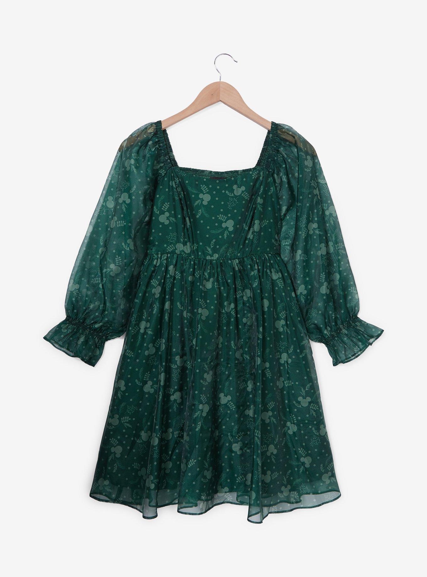 Disney Mickey Mouse Holiday Greenery Allover Print Long Sleeve Smock Dress - BoxLunch Exclusive, GRASS GREEN, hi-res