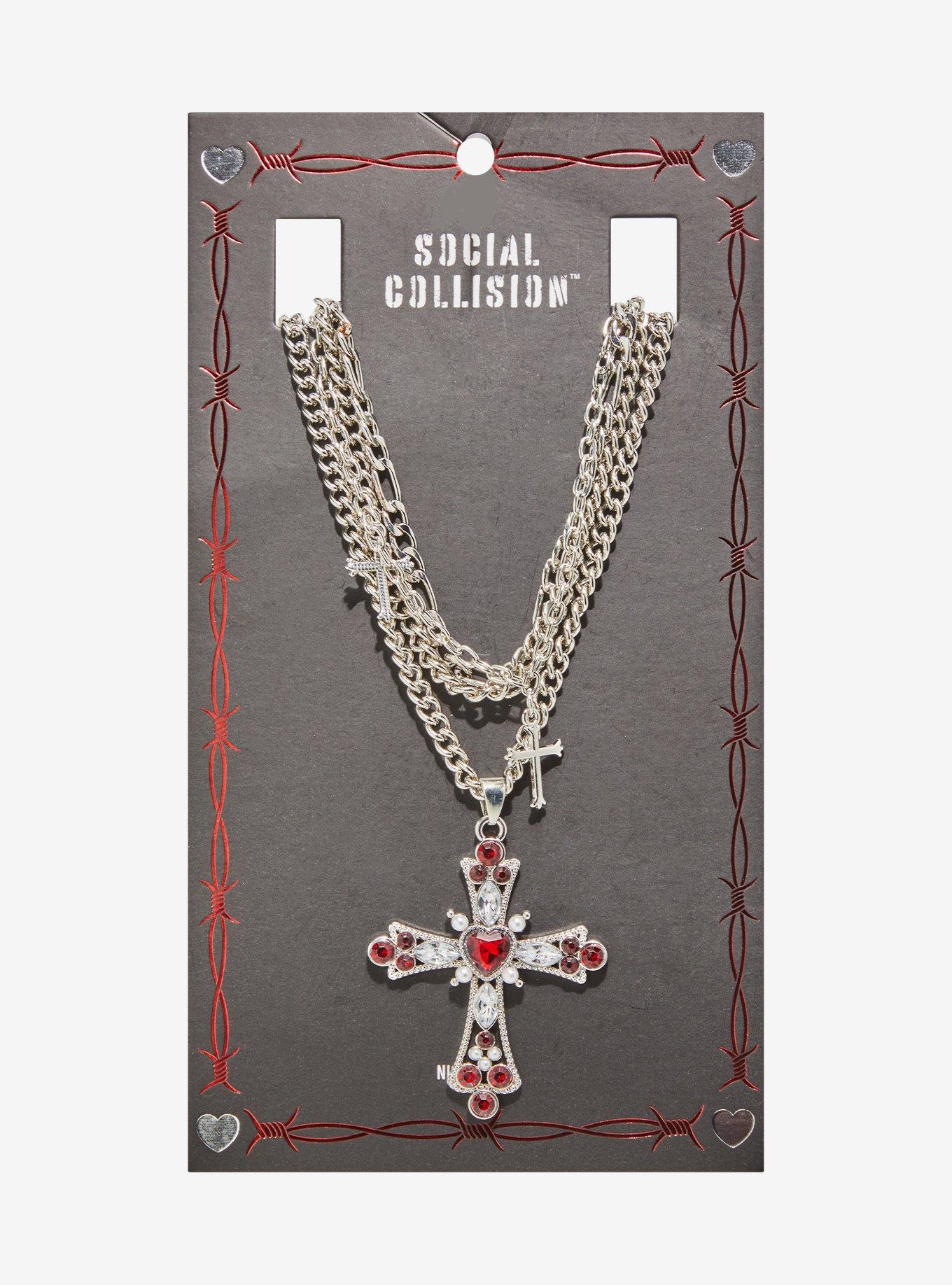 Social Collision Cross Chain Necklace Set, , hi-res