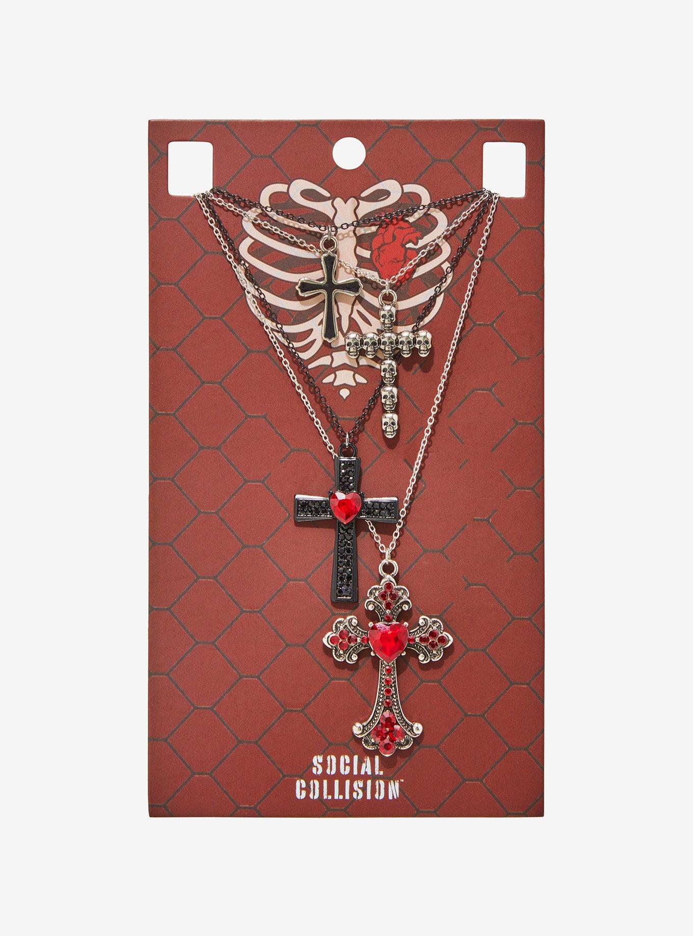 Social Collision Heart Skull Cross Necklace Set, , hi-res