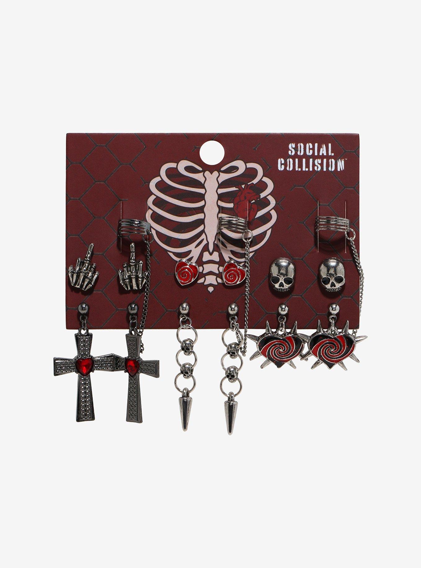 Social Collision Skull Rose Spike Cuff Earring Set, , hi-res