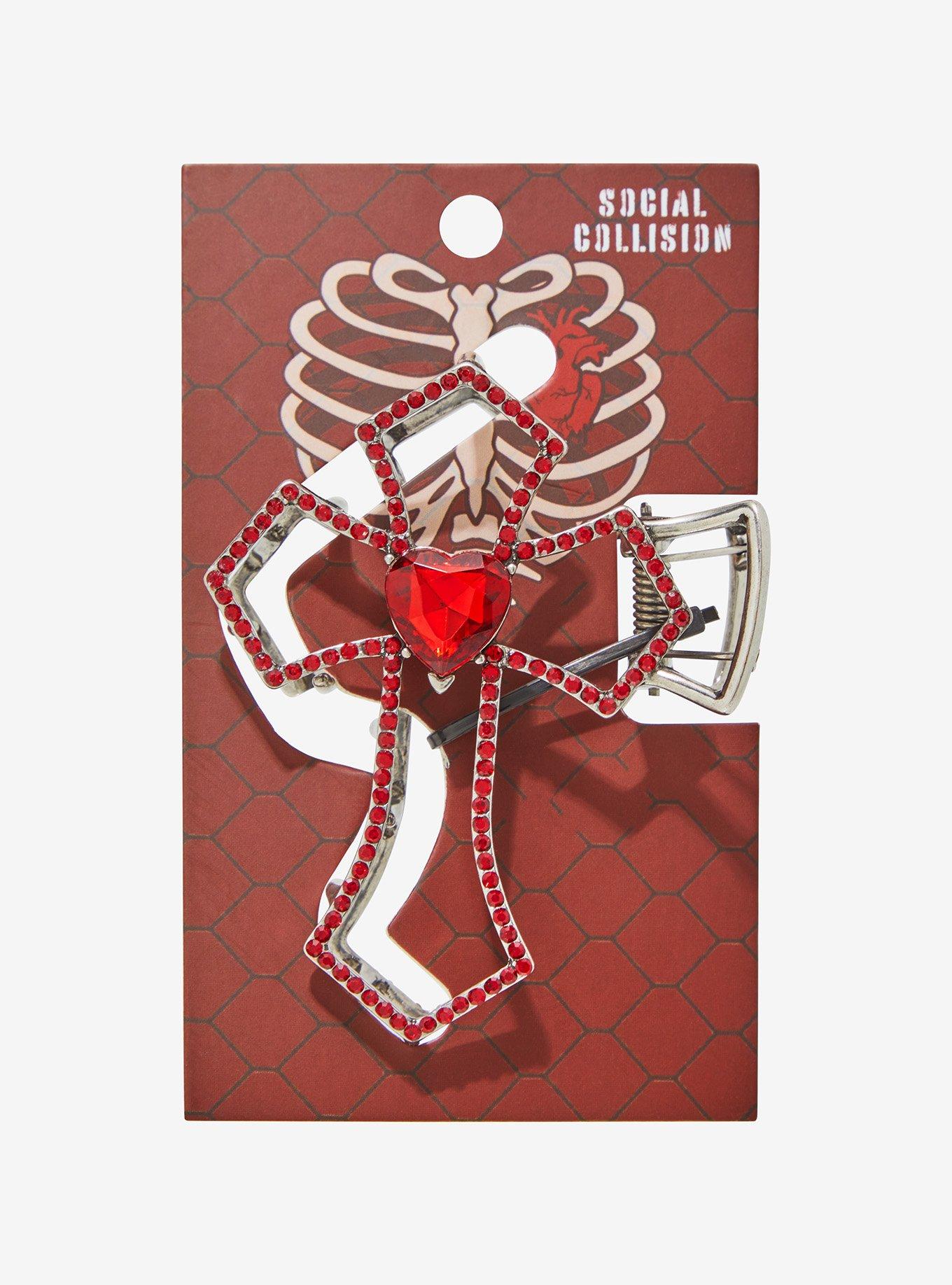 Social Collision Cross Red Heart Claw Hair Clip, , hi-res