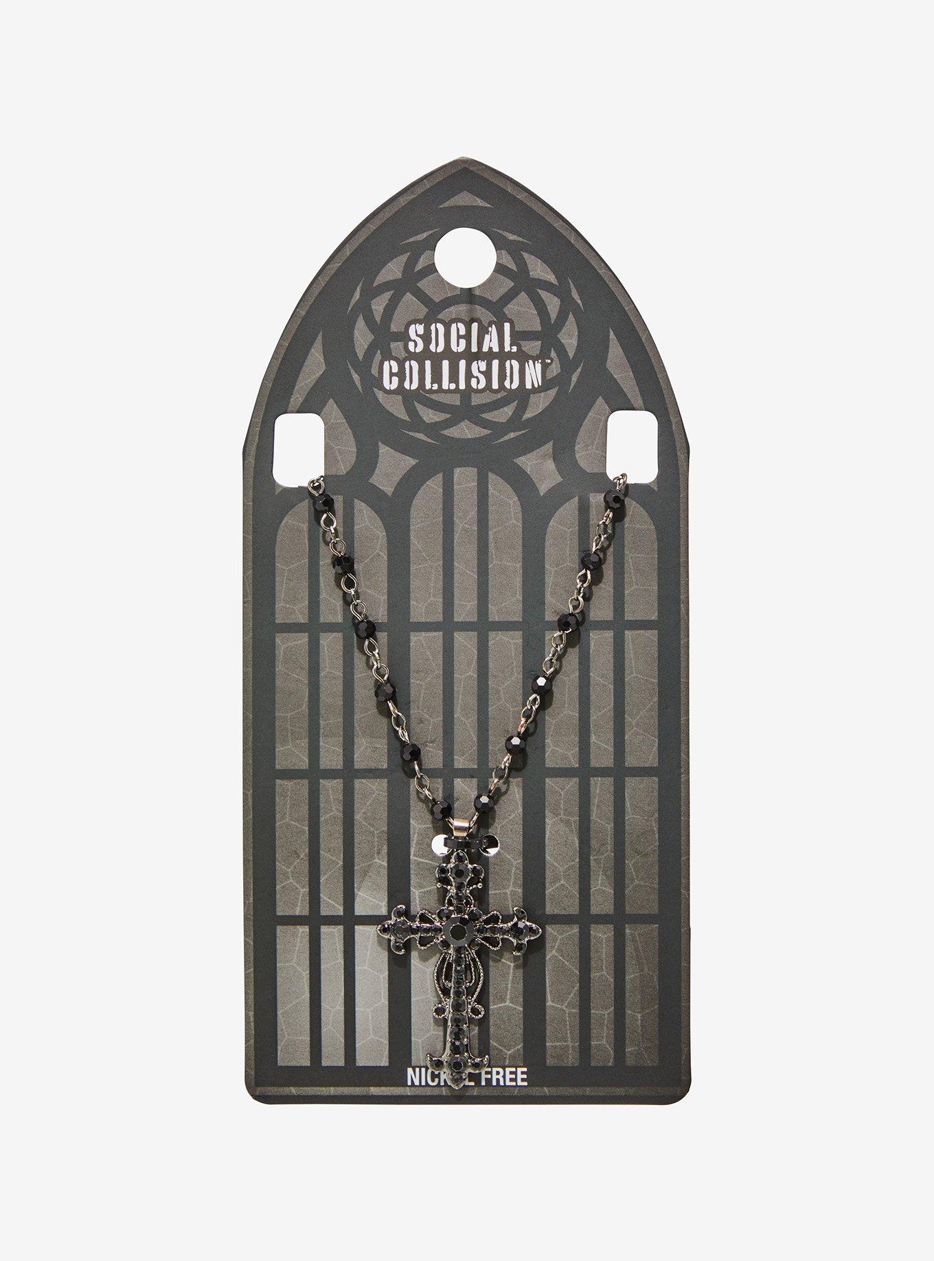 Social Collision Black Gothic Cross Rosary Necklace