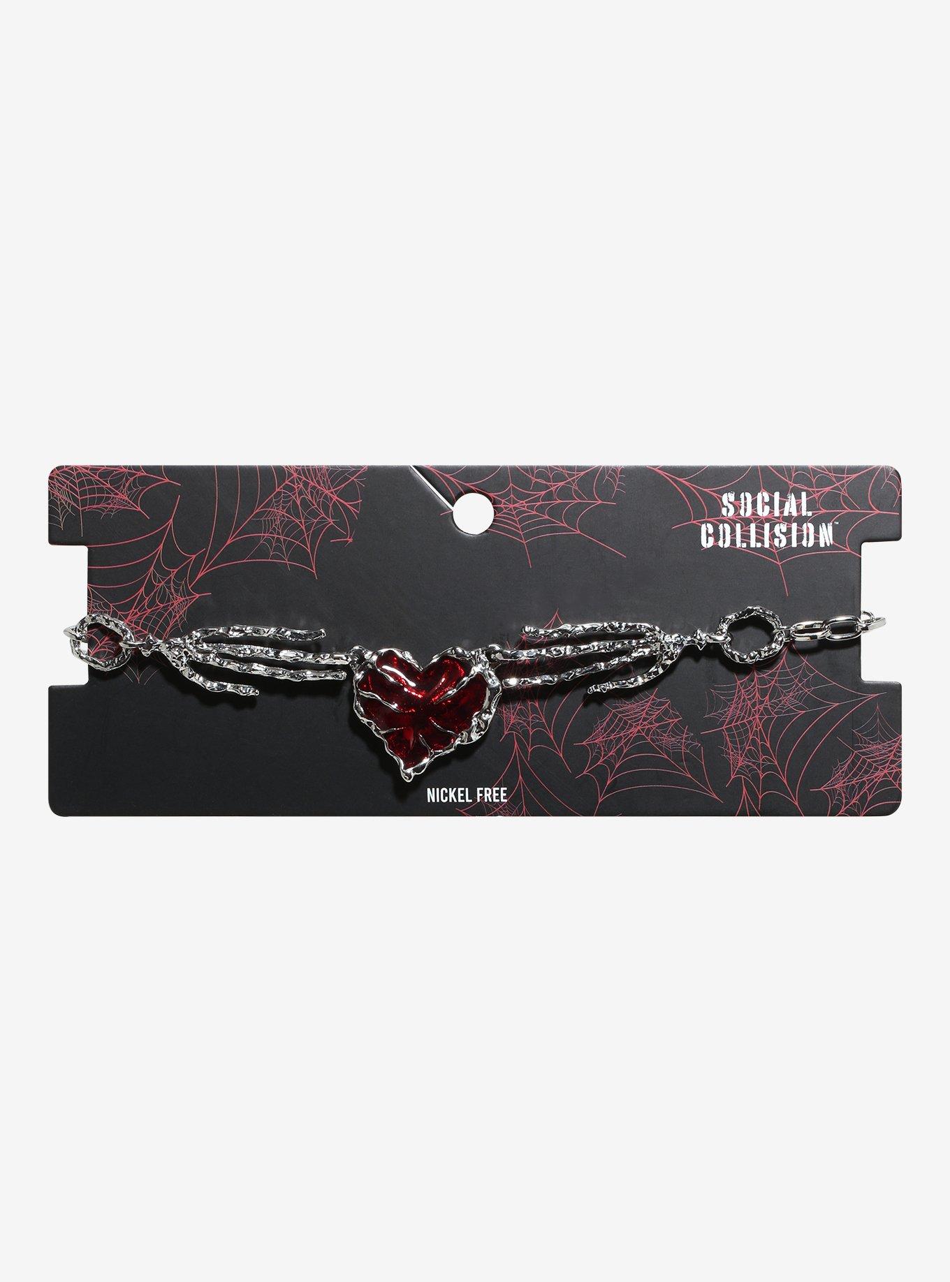 Social Collision Skeleton Hand Heart Chain Choker, , hi-res