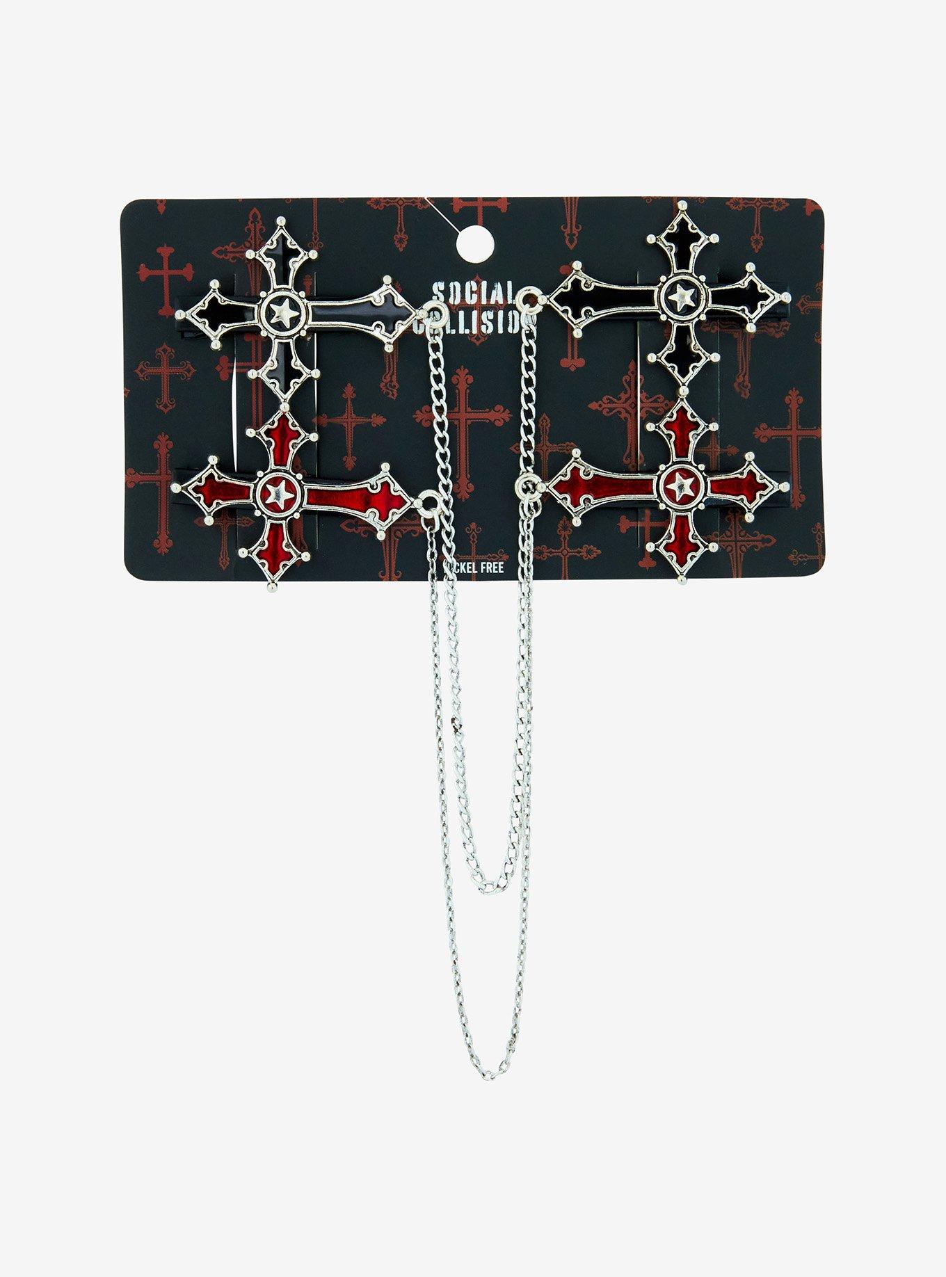 Social Collision Gothic Cross Chain Hair Clip Set, , hi-res