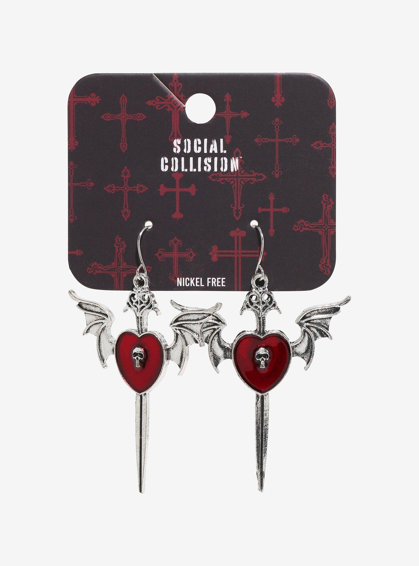 Social Collision Winged Heart Dagger Earrings, , hi-res