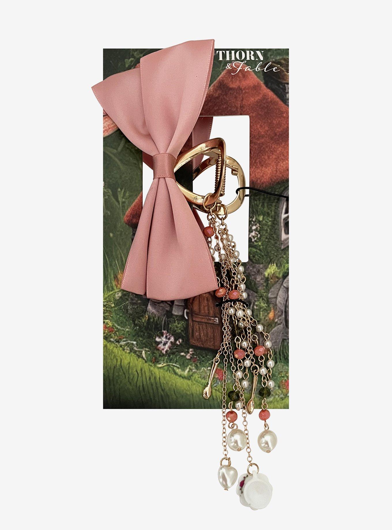 Thorn & Fable Pink Bow Dangling Charm Claw Hair Clip, , hi-res