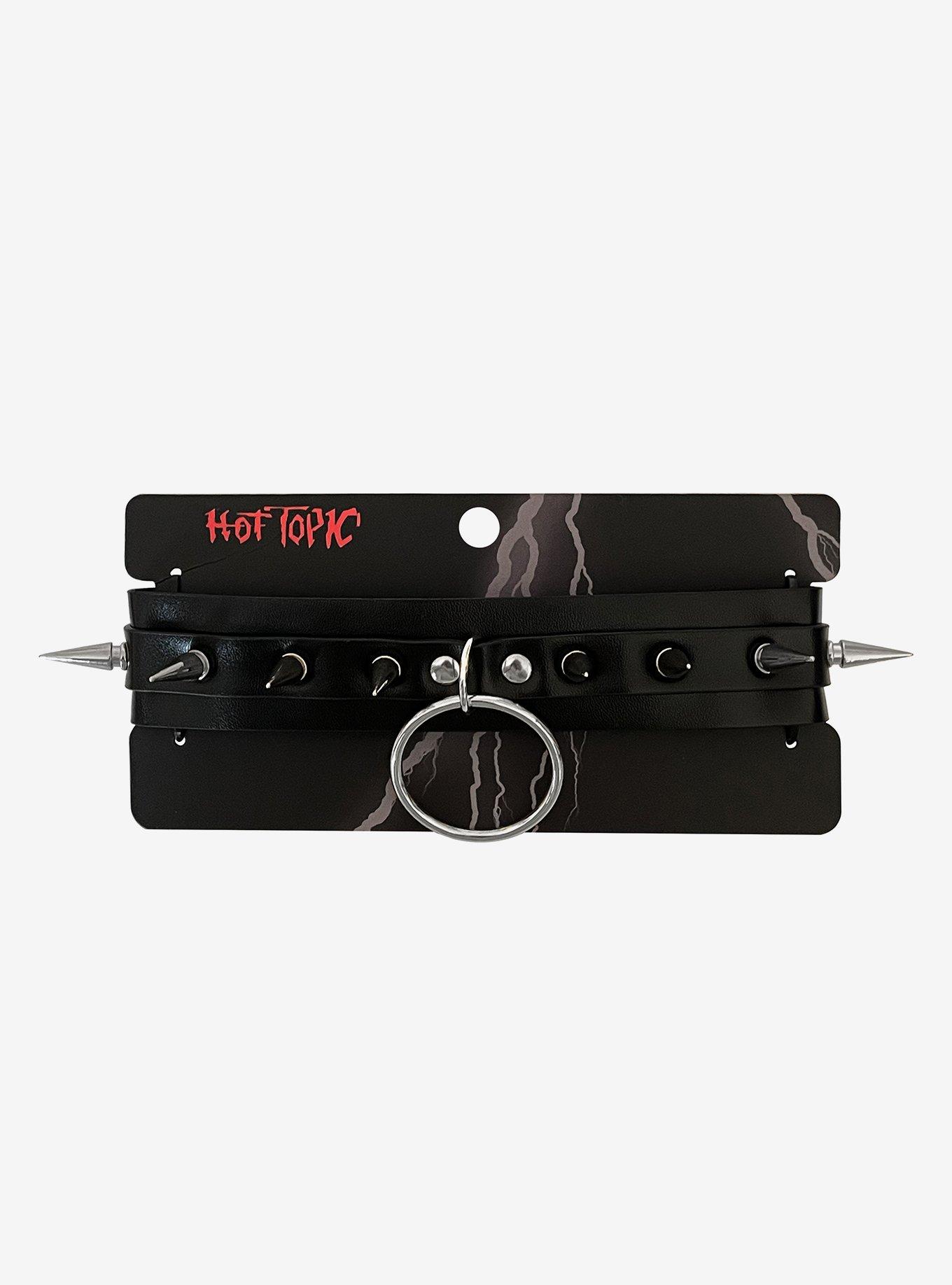 Black Faux Leather O-Ring Spike Choker, , hi-res