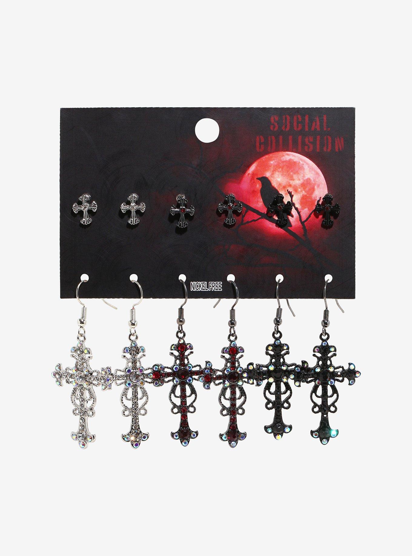 Social Collision Gothic Cross Gem Earring Set, , hi-res