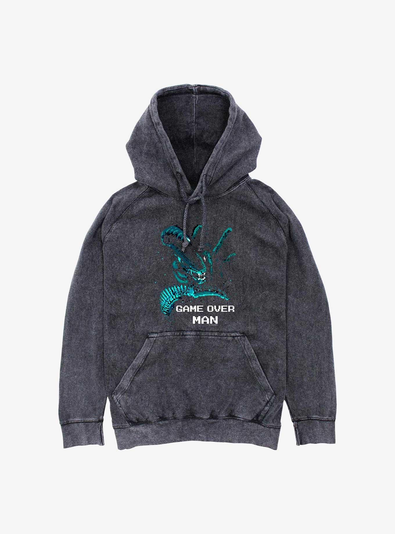 Alien Game Over Man Mineral Wash Hoodie, BLACK, hi-res