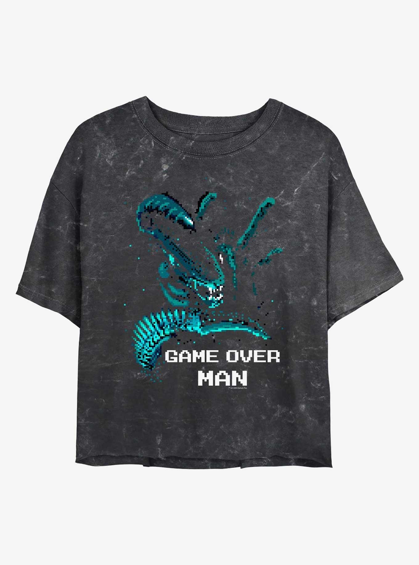 Alien Game Over Man Womens Mineral Wash Crop T-Shirt, BLACK, hi-res