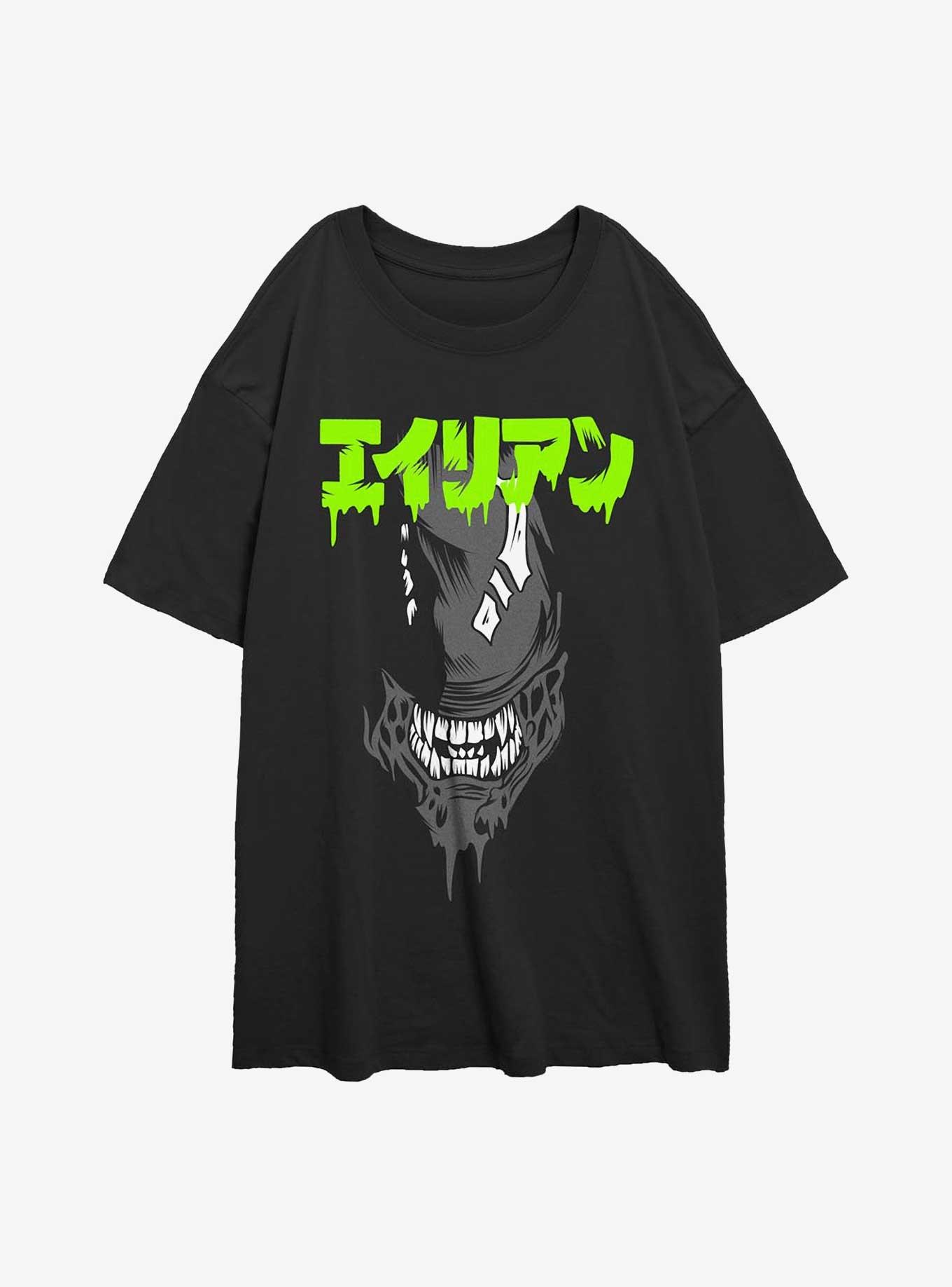 Alien Big Face Kanji Womens Oversized T-Shirt, BLACK, hi-res