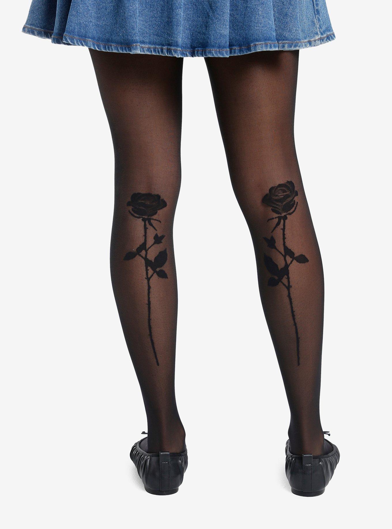 Black Rose Back Seam Tights, , hi-res