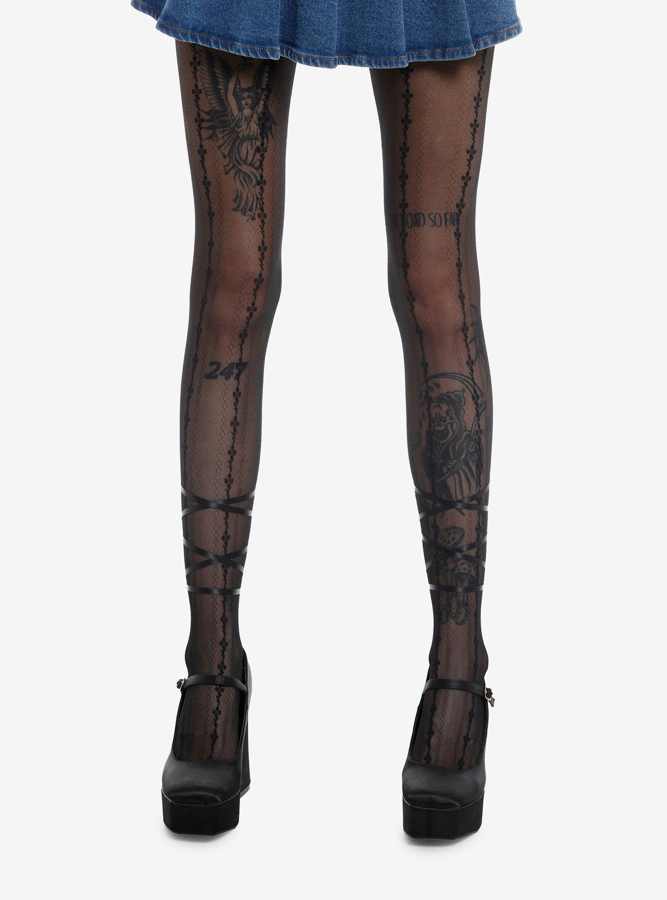 Black Patterned Lace-Up Tights