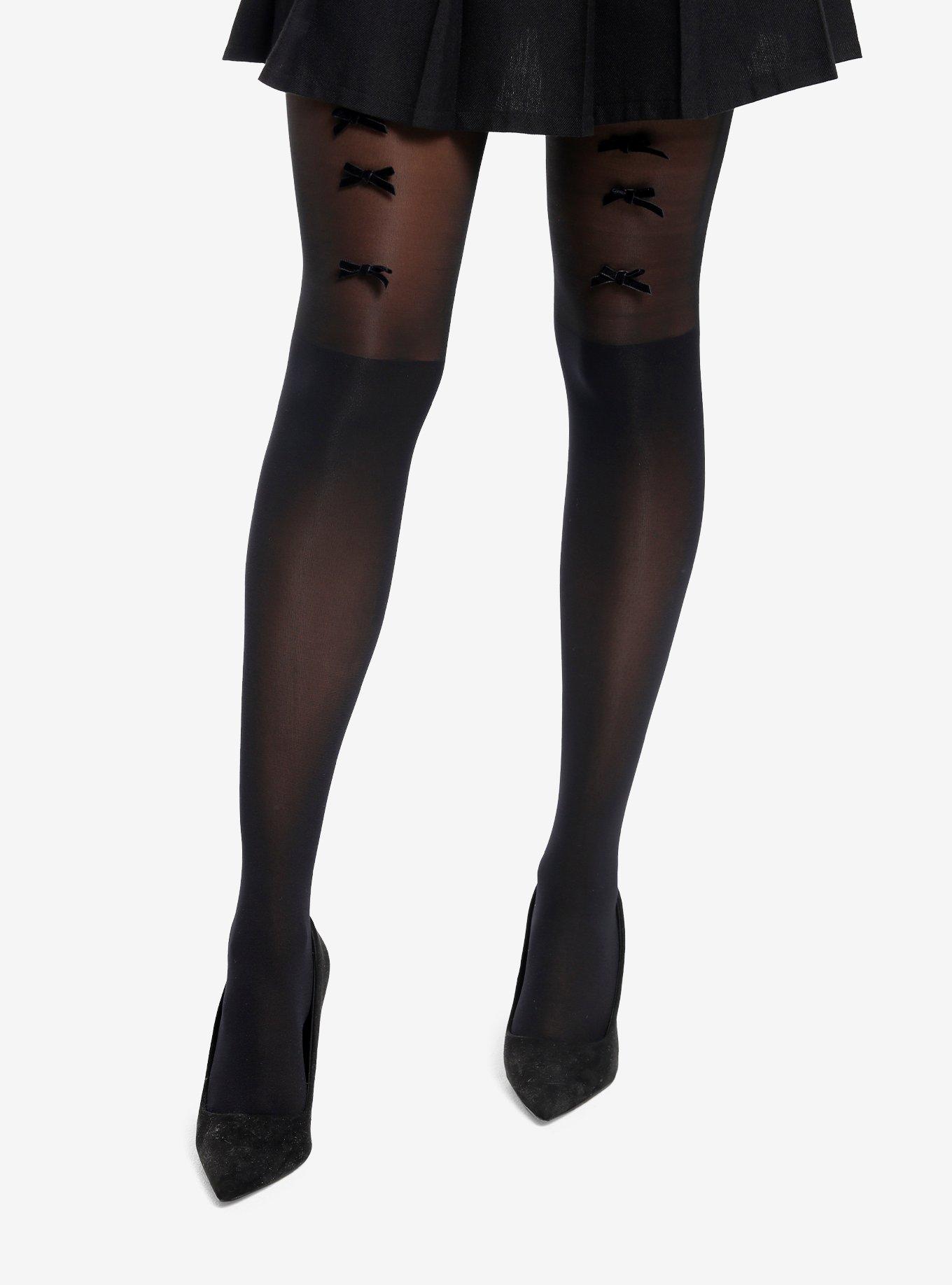 Black Bow Faux Knee-High Tights, , hi-res