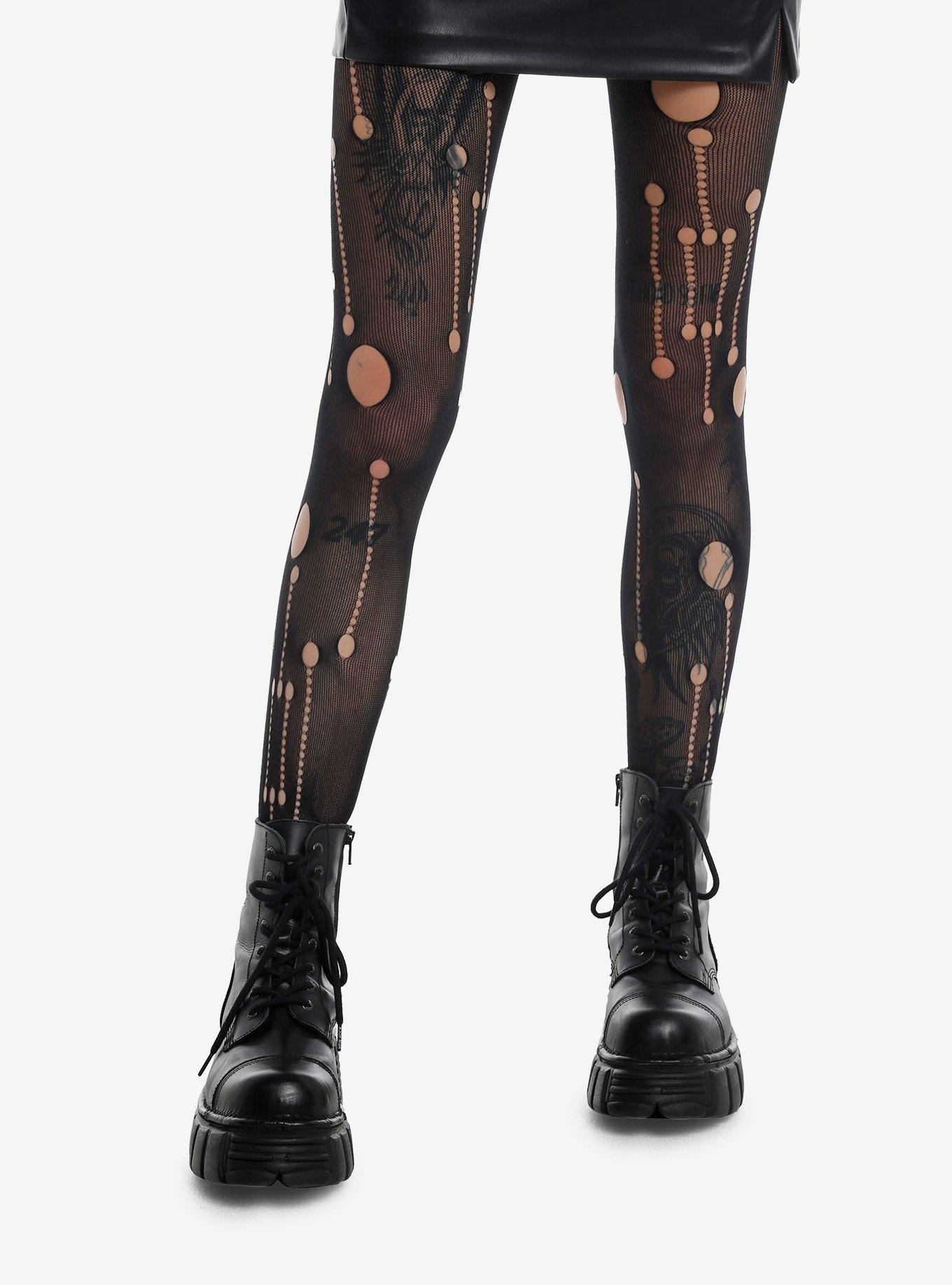 Black Distressed Thigh High Tights, , hi-res