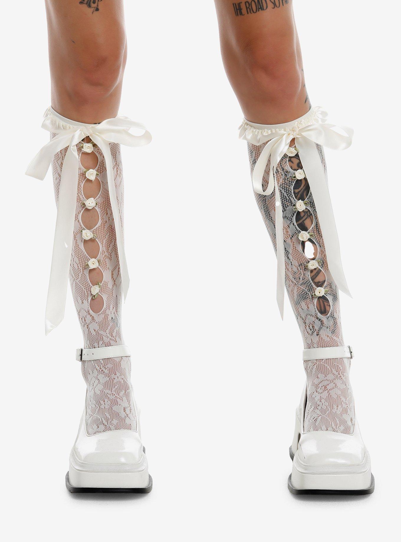 Cream Rose Ruffle Fishnet Knee-High Socks, , hi-res
