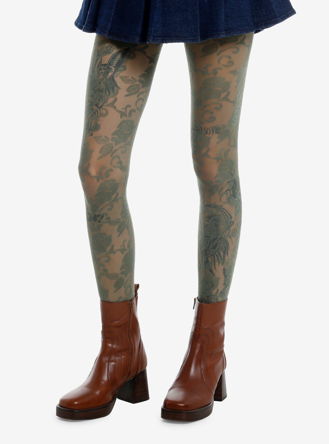 Green Floral Tights, , hi-res