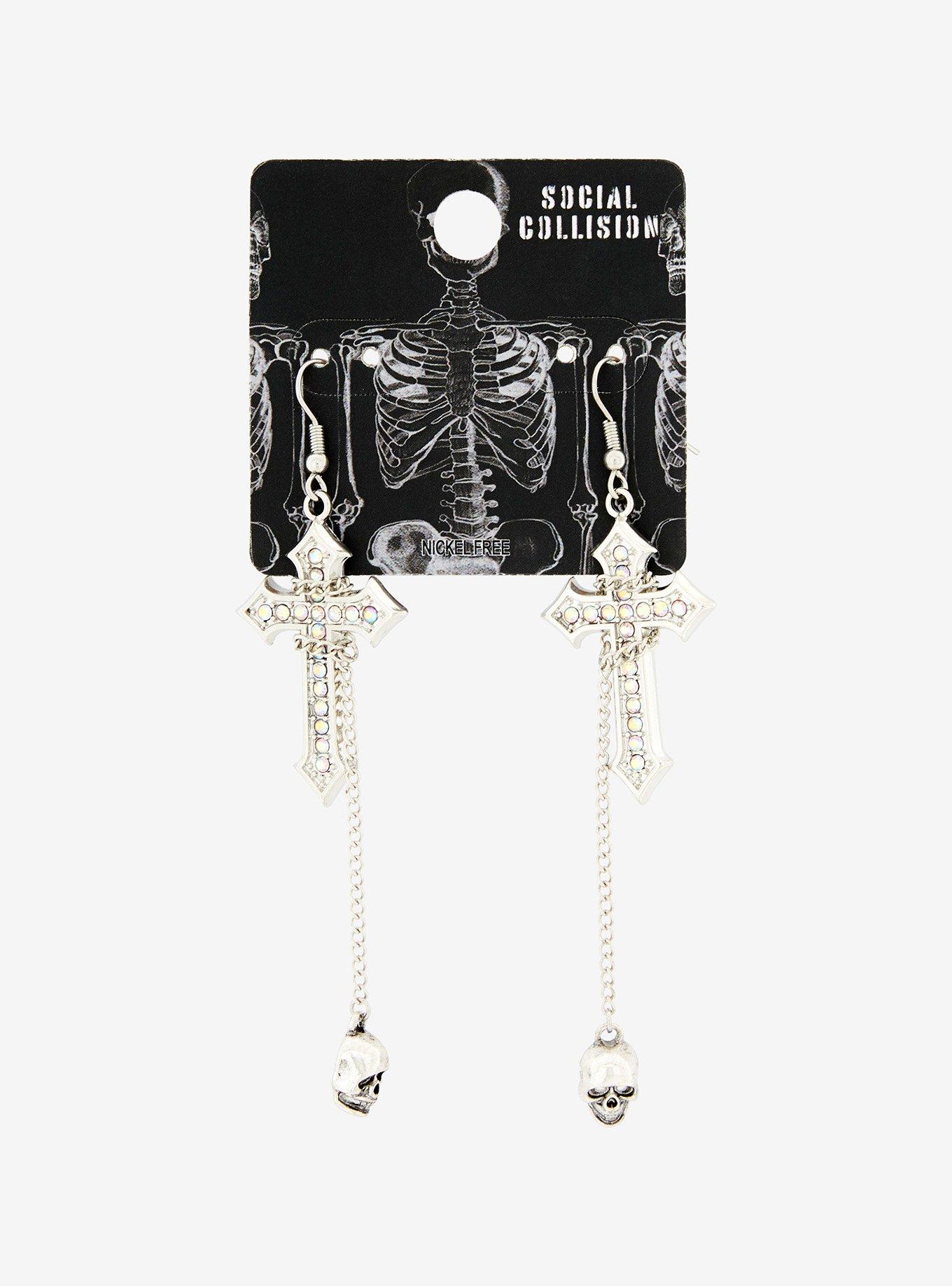 Social Collision Skull Gothic Cross Earrings, , hi-res