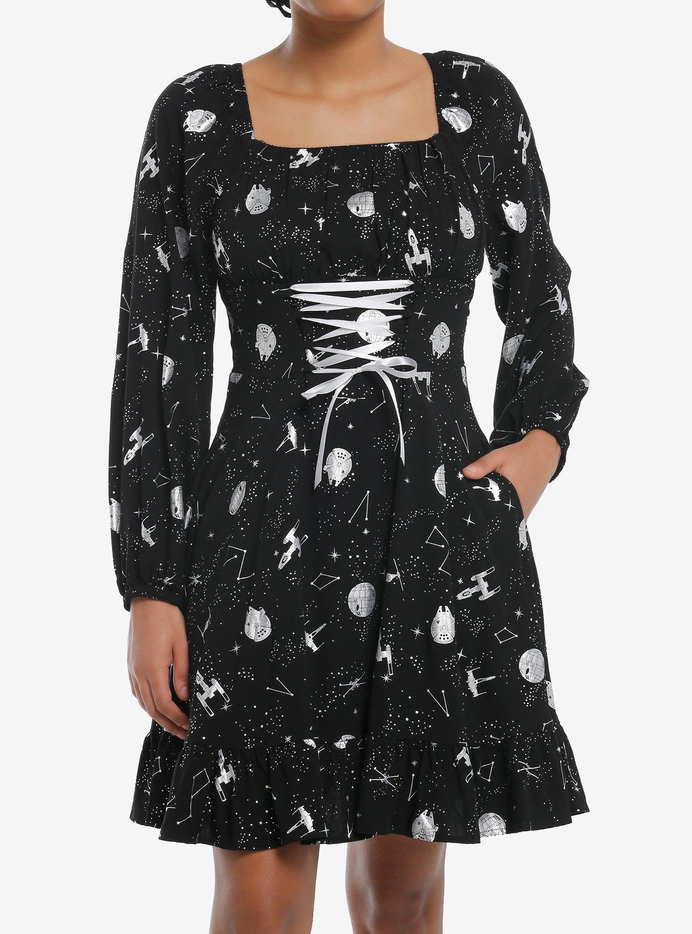 Star Wars Foil Print Lace-Up Long-Sleeve Dress, MULTI, hi-res