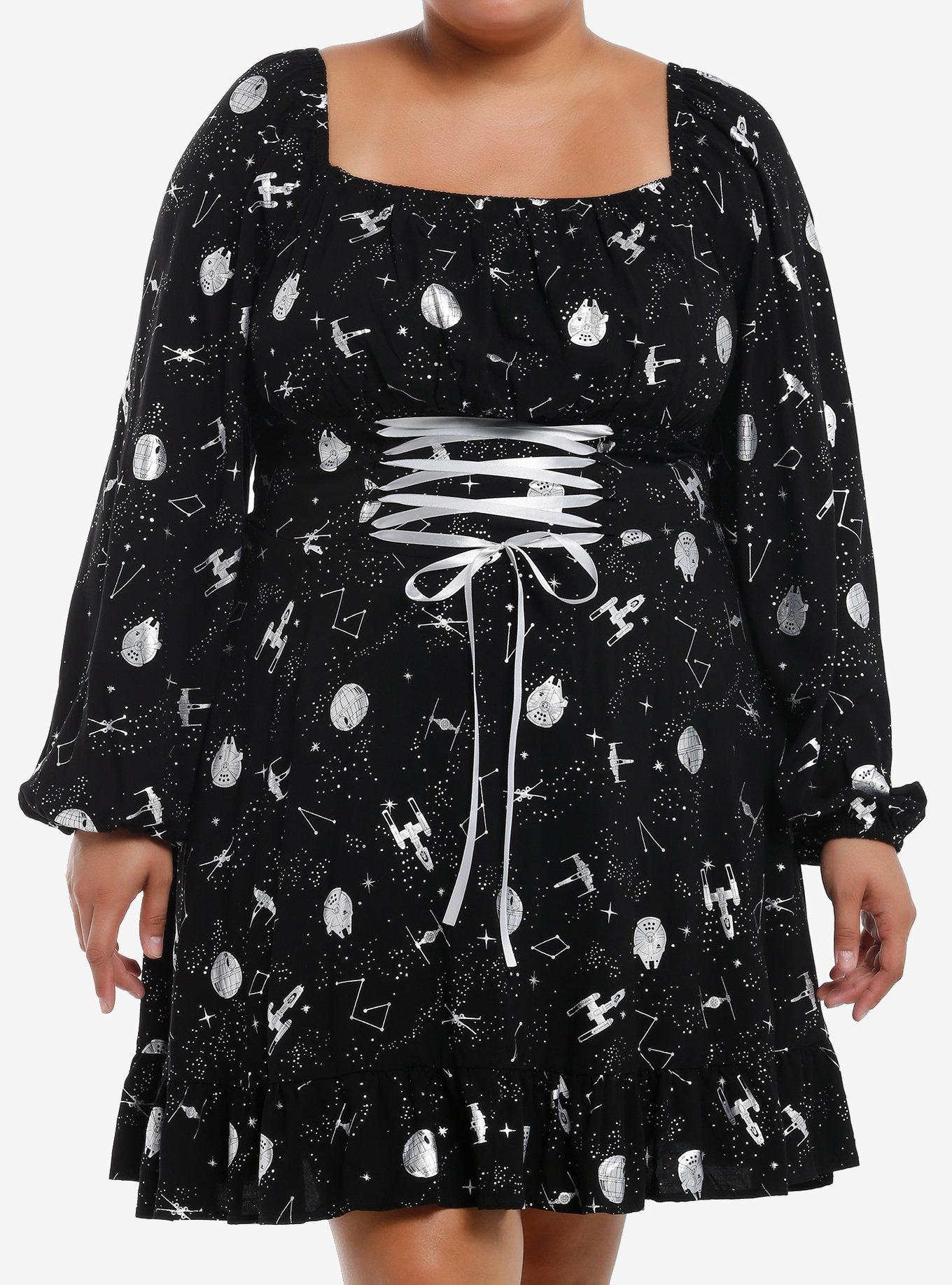 Star Wars Foil Print Lace-Up Long-Sleeve Dress Plus Size, , hi-res