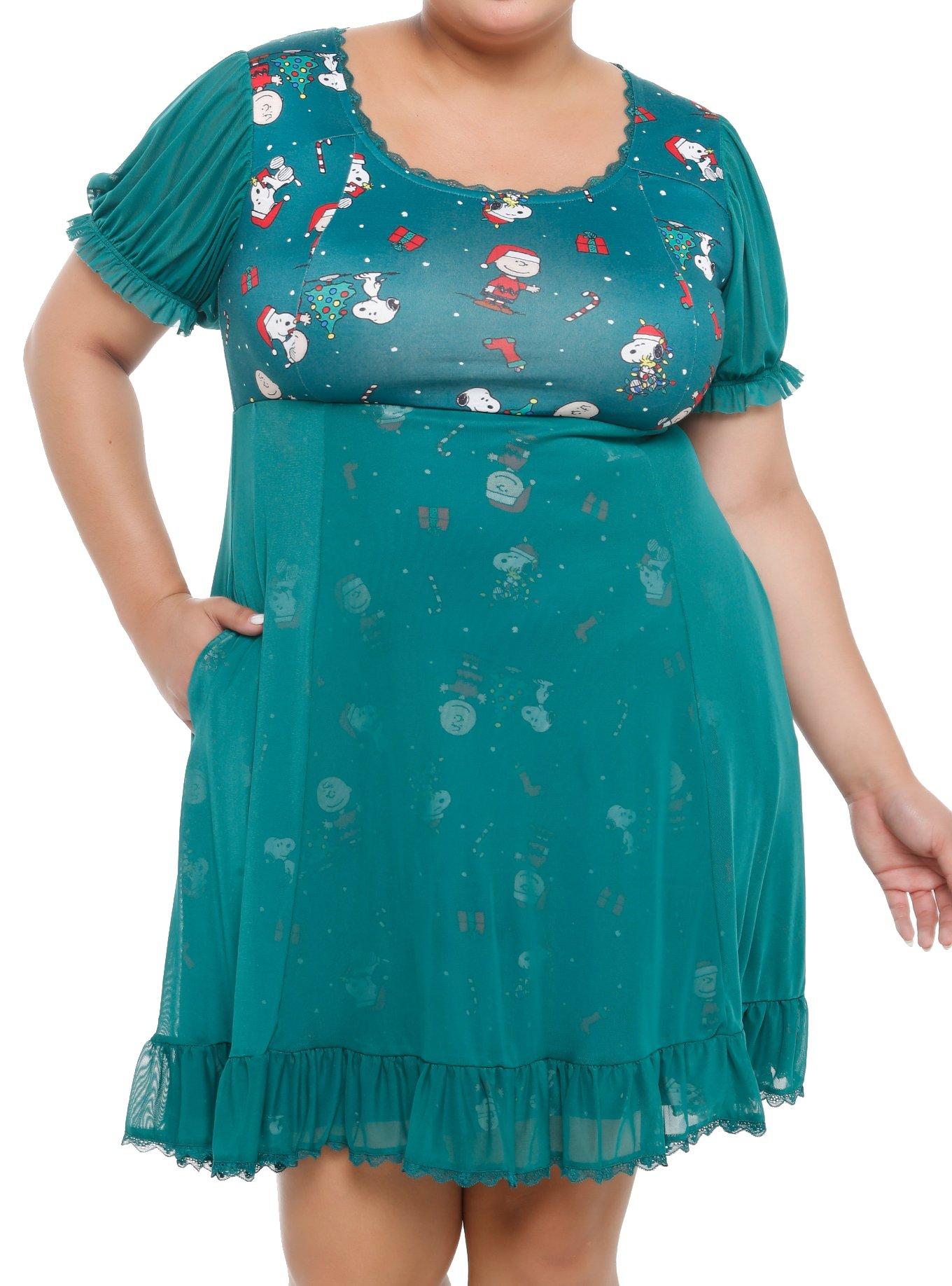 Peanuts Characters Holiday Mesh Dress Plus Size, , hi-res