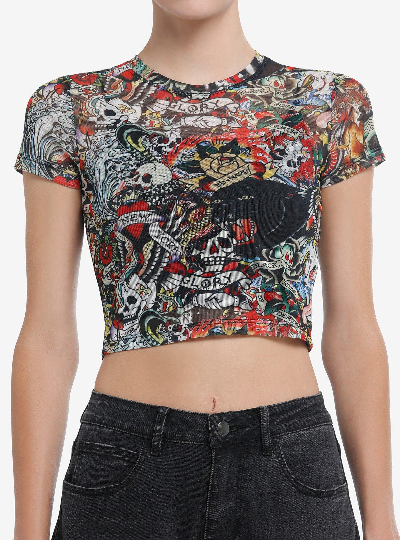 Ed Hardy Tattoo Allover Print Girls Crop Mesh Top, MULTI, hi-res