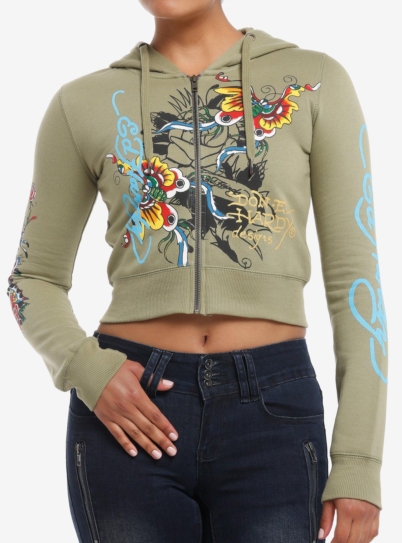 Ed Hardy Butterfly & Rose Crop Girls Hoodie