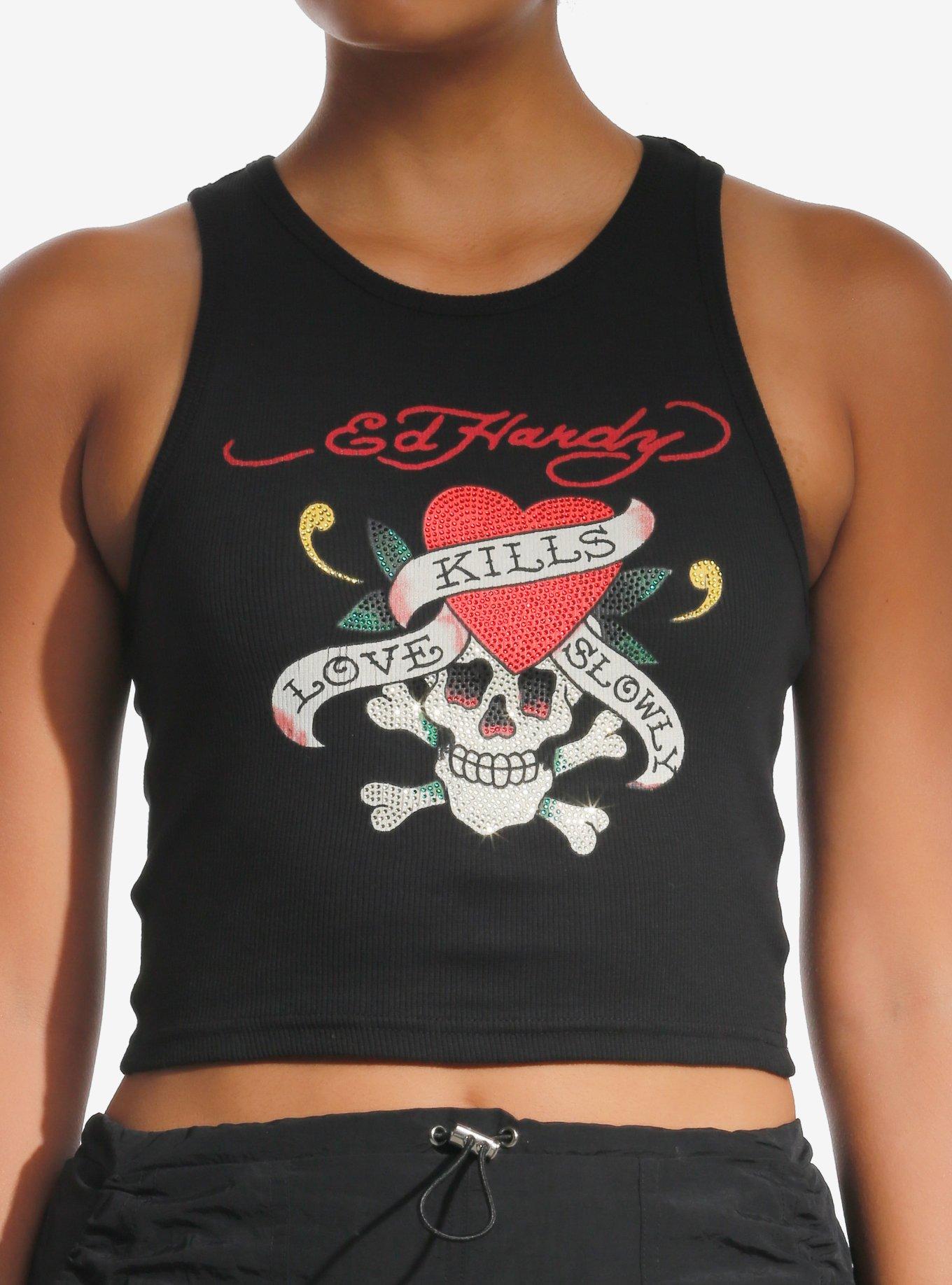 トップス Ed hardy love kills slowly Ed Hardy Love Kills Slowly Woven Black Short Sleeve Button