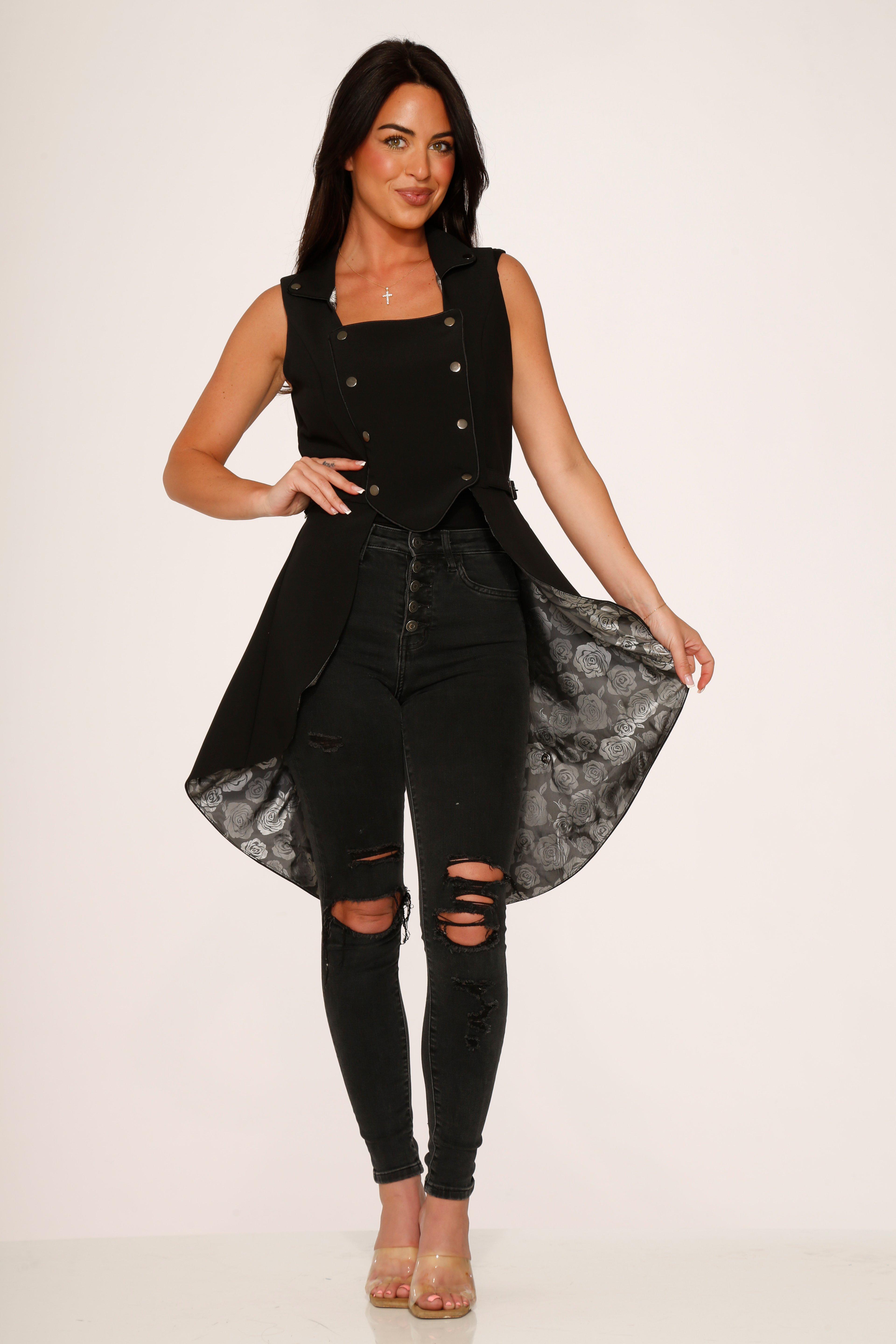 Black Gray Floral Vest, , hi-res