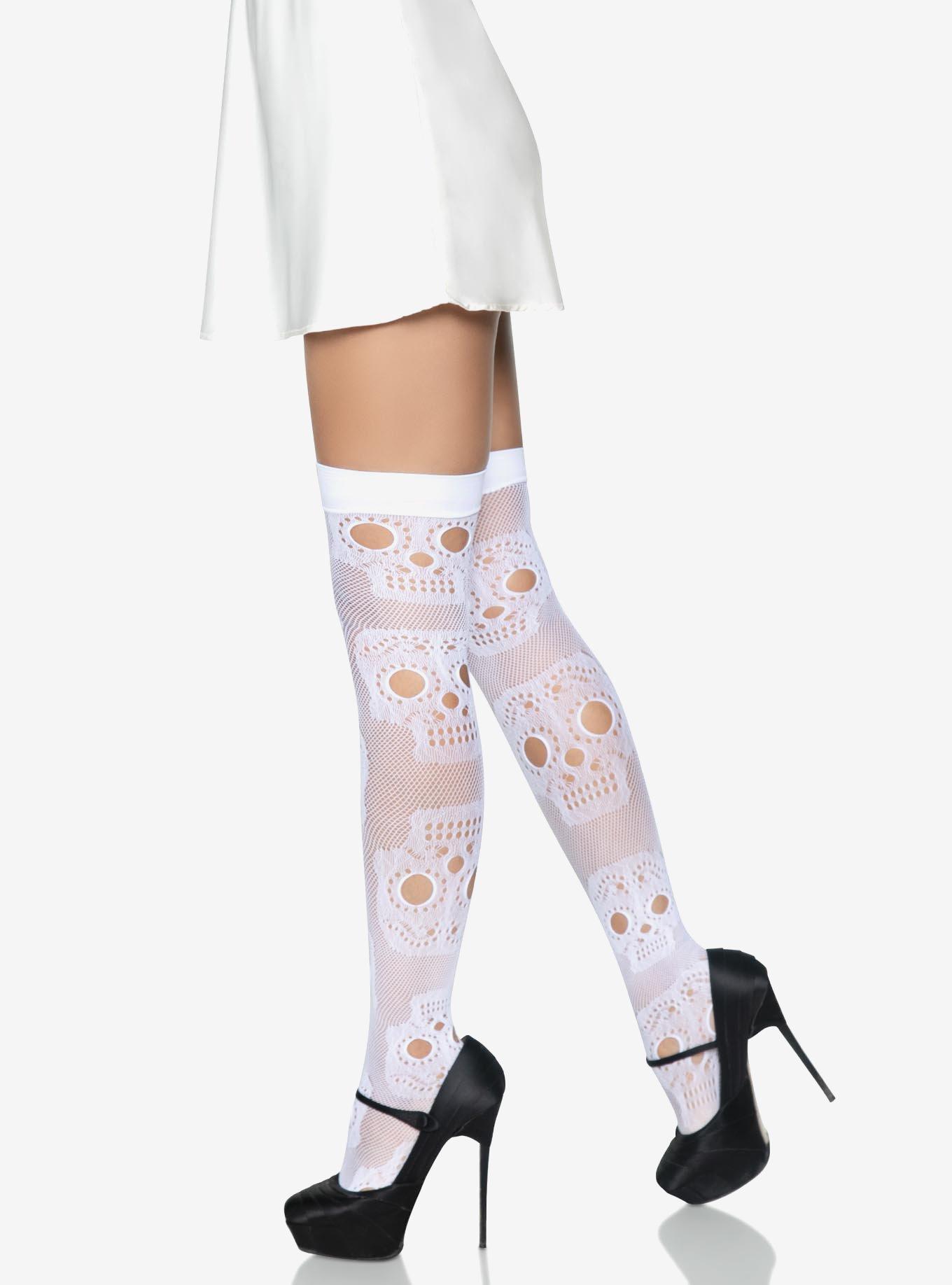 Sugar Skull Net Thigh Highs White, , hi-res