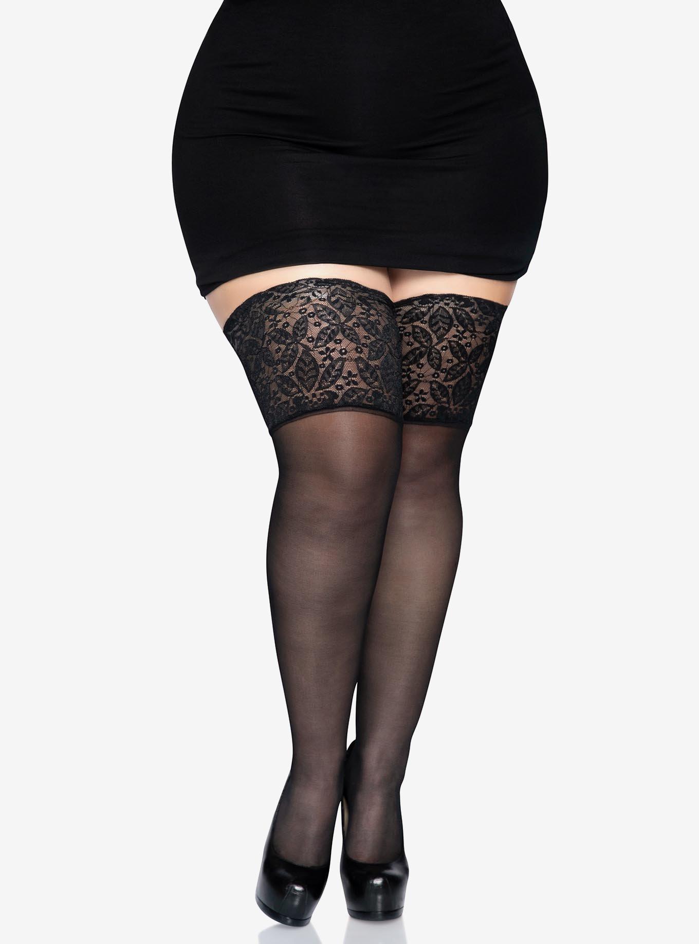 Lace Lycra Sheer Stay Up Thigh Highs Plus Size Black, , hi-res