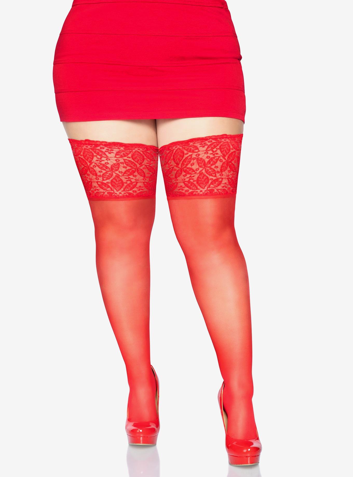 Lace Lycra Sheer Stay Up Thigh Highs Plus Size Red, , hi-res