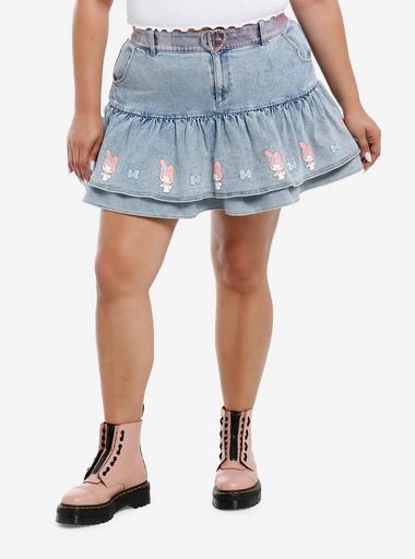 My Melody Rhinestone Tiered Denim Skirt With Belt Plus Size