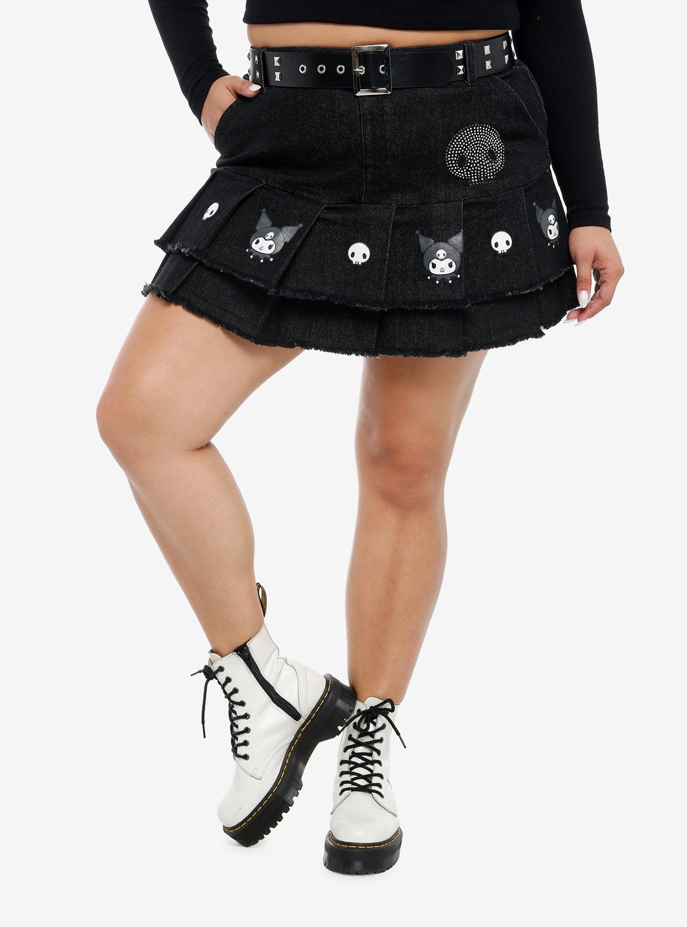 Kuromi Rhinestone Pleated Denim Skirt With Belt Plus Size, , hi-res