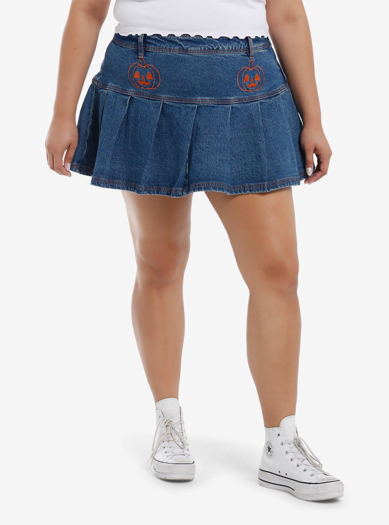 Sweet Society Jack-O'-Lantern Pleated Denim Skirt Plus Size, , hi-res