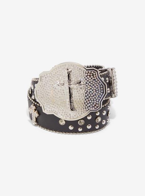 小物 Diavlo Cross Buckle Stone Stud Belt Cross Rhinestone Studded Bling Black Leather Belt Western