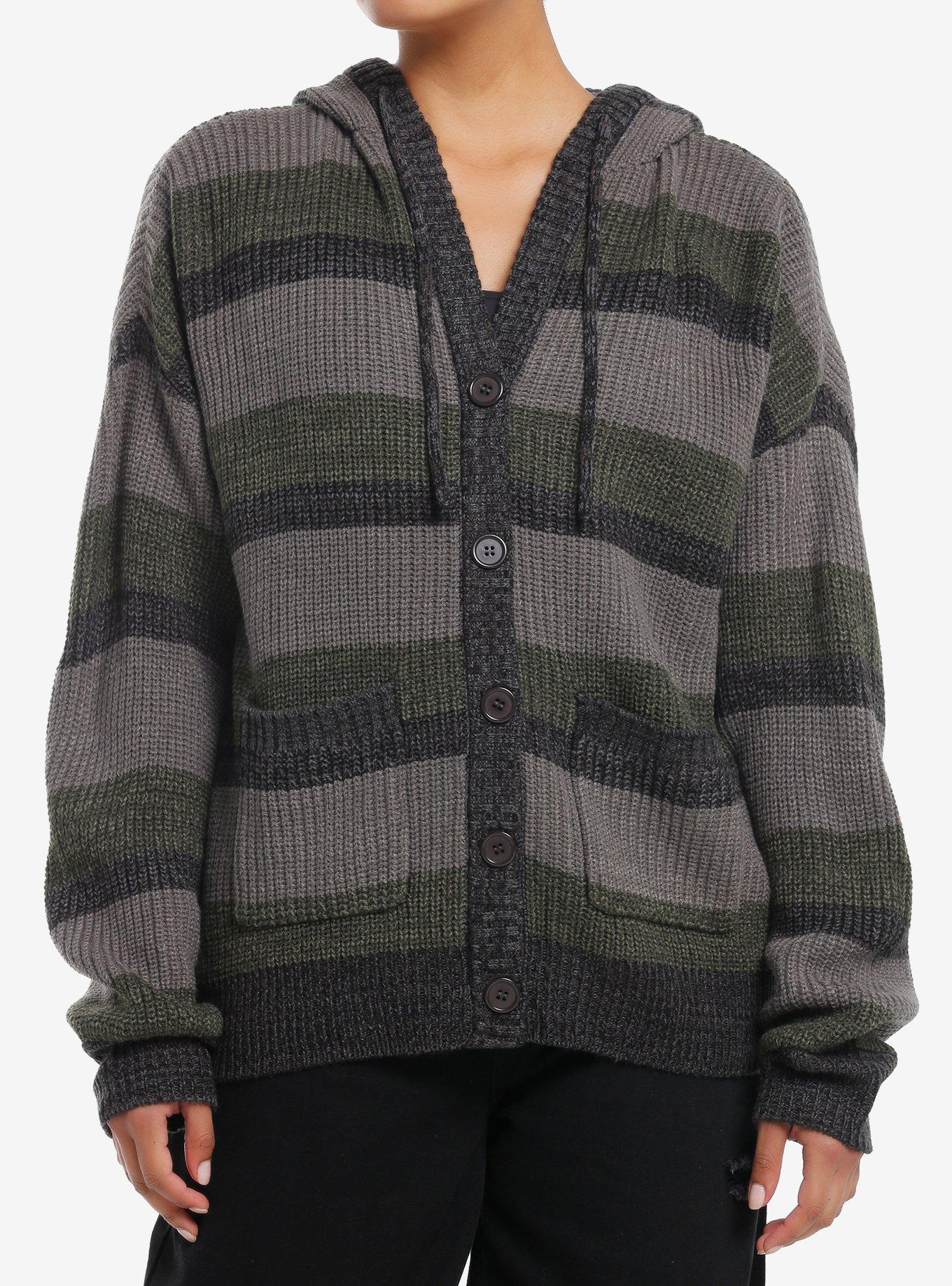 Social Collision Grey & Dark Green Stripe Girls Oversized Cardigan, , hi-res
