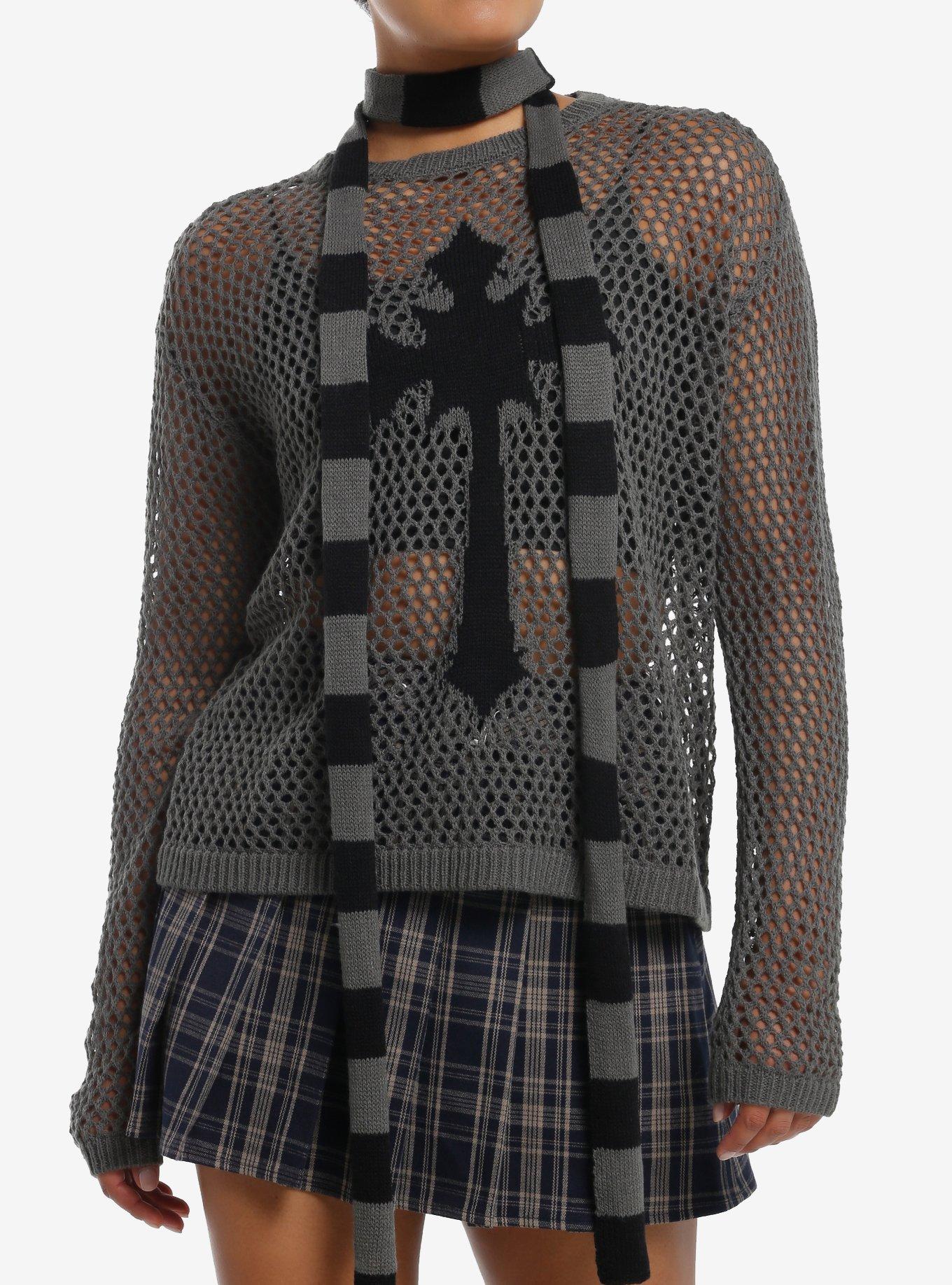 Social Collision Cross Open Knit Girls Sweater With Stripe Scarf, BLACK, hi-res
