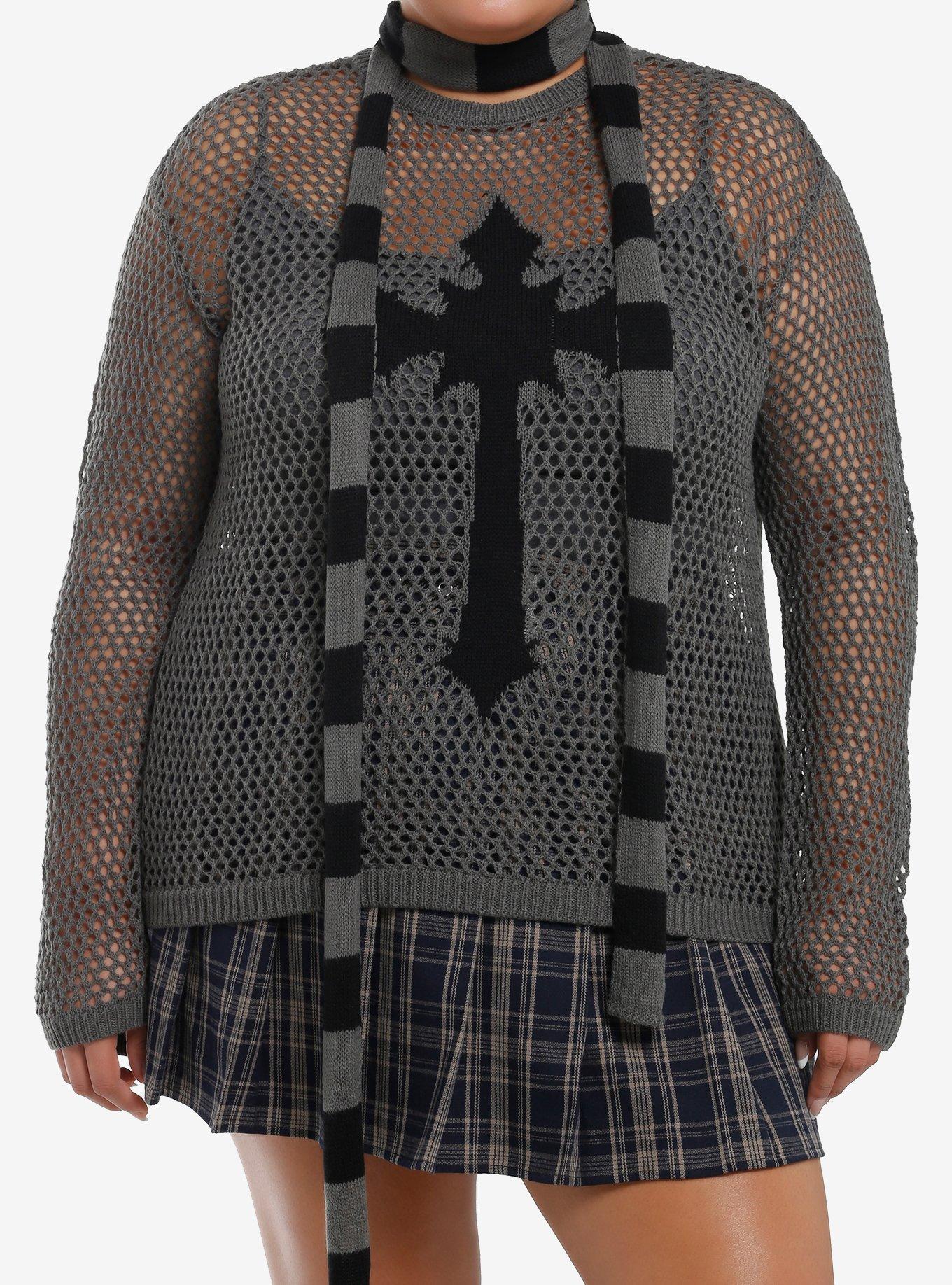 Social Collision Cross Open Knit Girls Sweater With Stripe Scarf Plus Size, , hi-res
