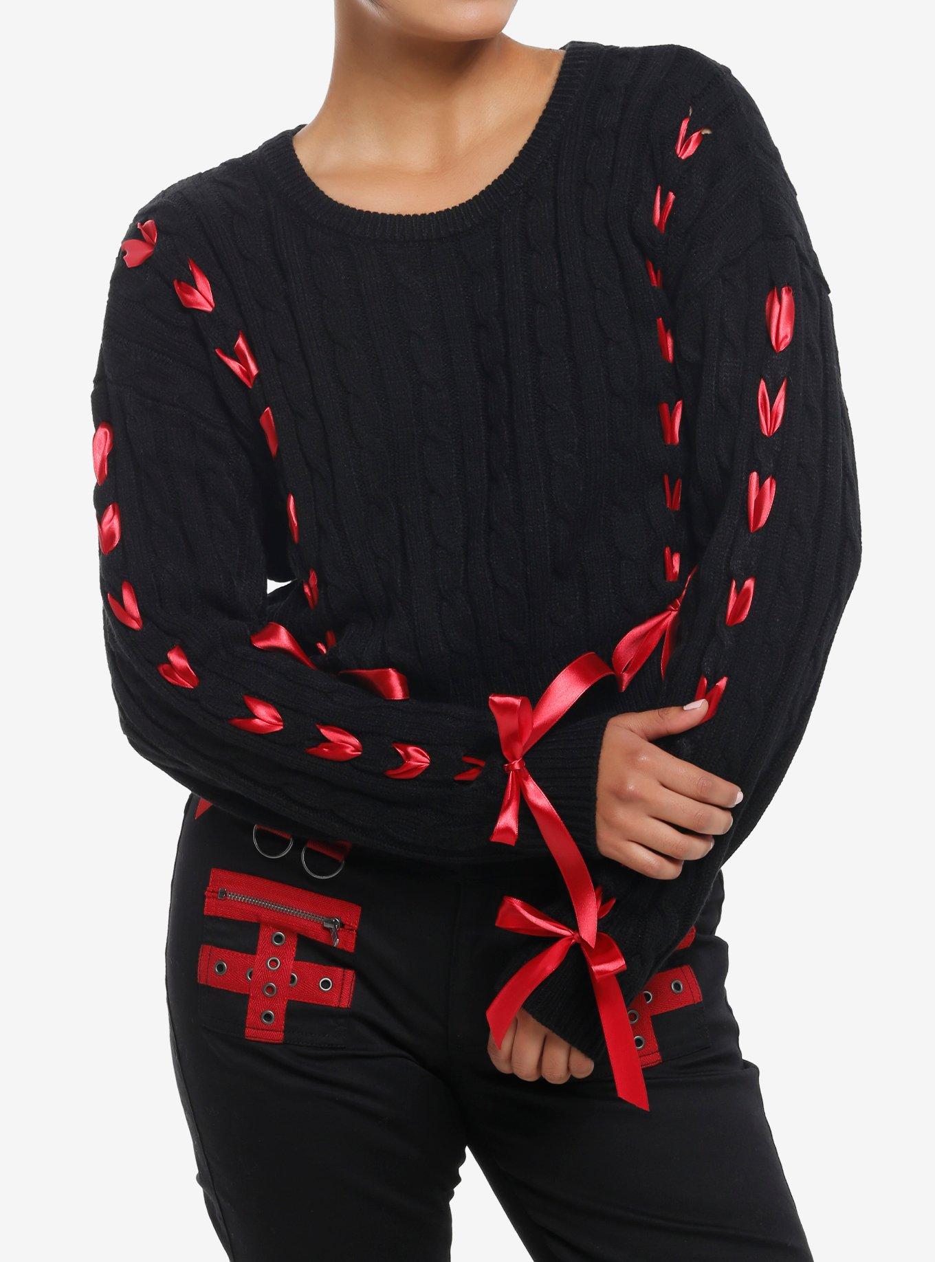 Social Collision Black Cable Knit Red Ribbon Girls Crop Sweater, , hi-res